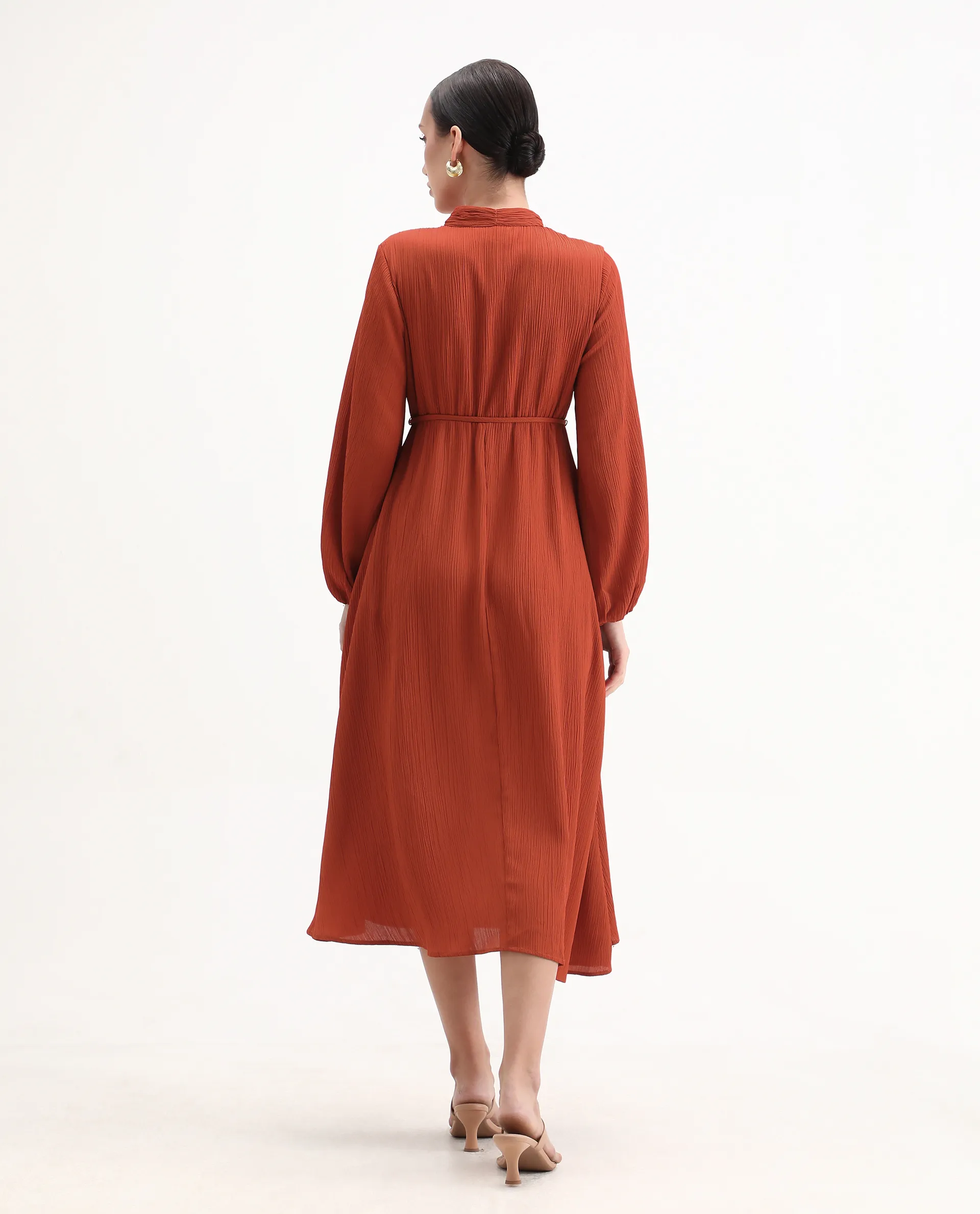 Rareism Women's Aviure Rust Polyester Band Collar Fit And Flare Plain Midi Dress - Image 8