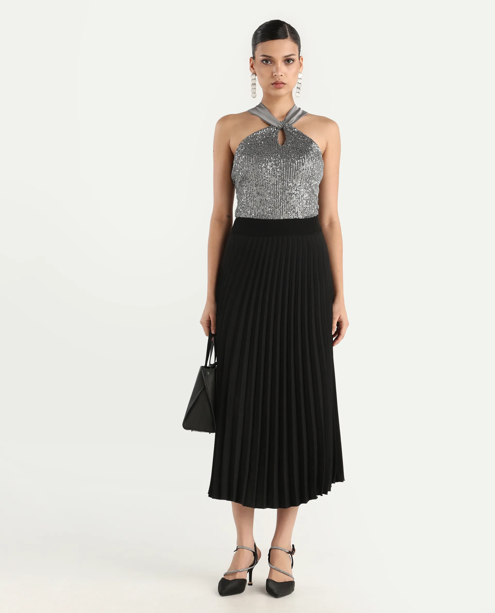 Rareism Women's Aviv Metallic Grey Polyester Halter Neck Sequined Sleeveless Regular Fit Top - Image 2