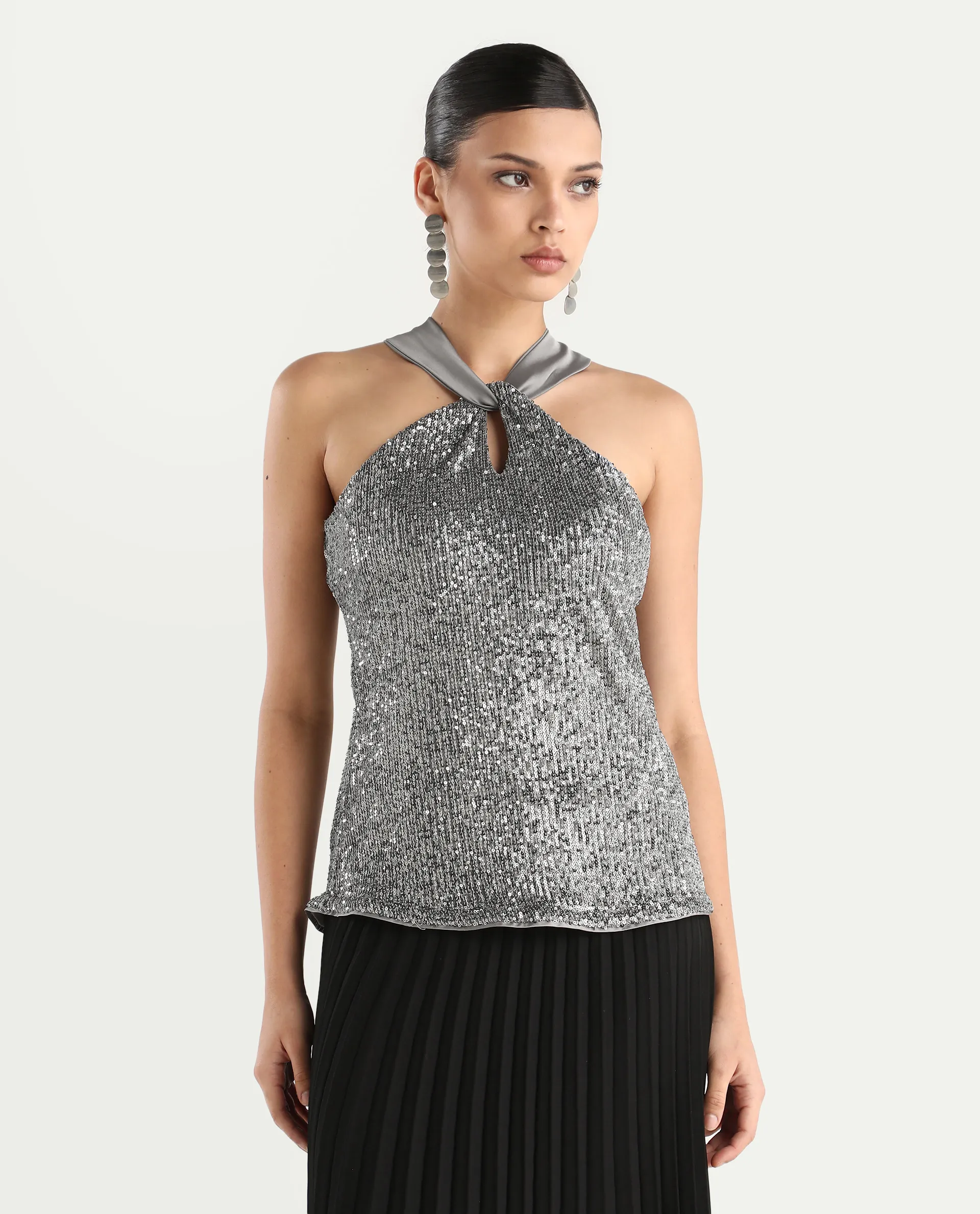 Rareism Women's Aviv Metallic Grey Polyester Halter Neck Sequined Sleeveless Regular Fit Top - Image 3