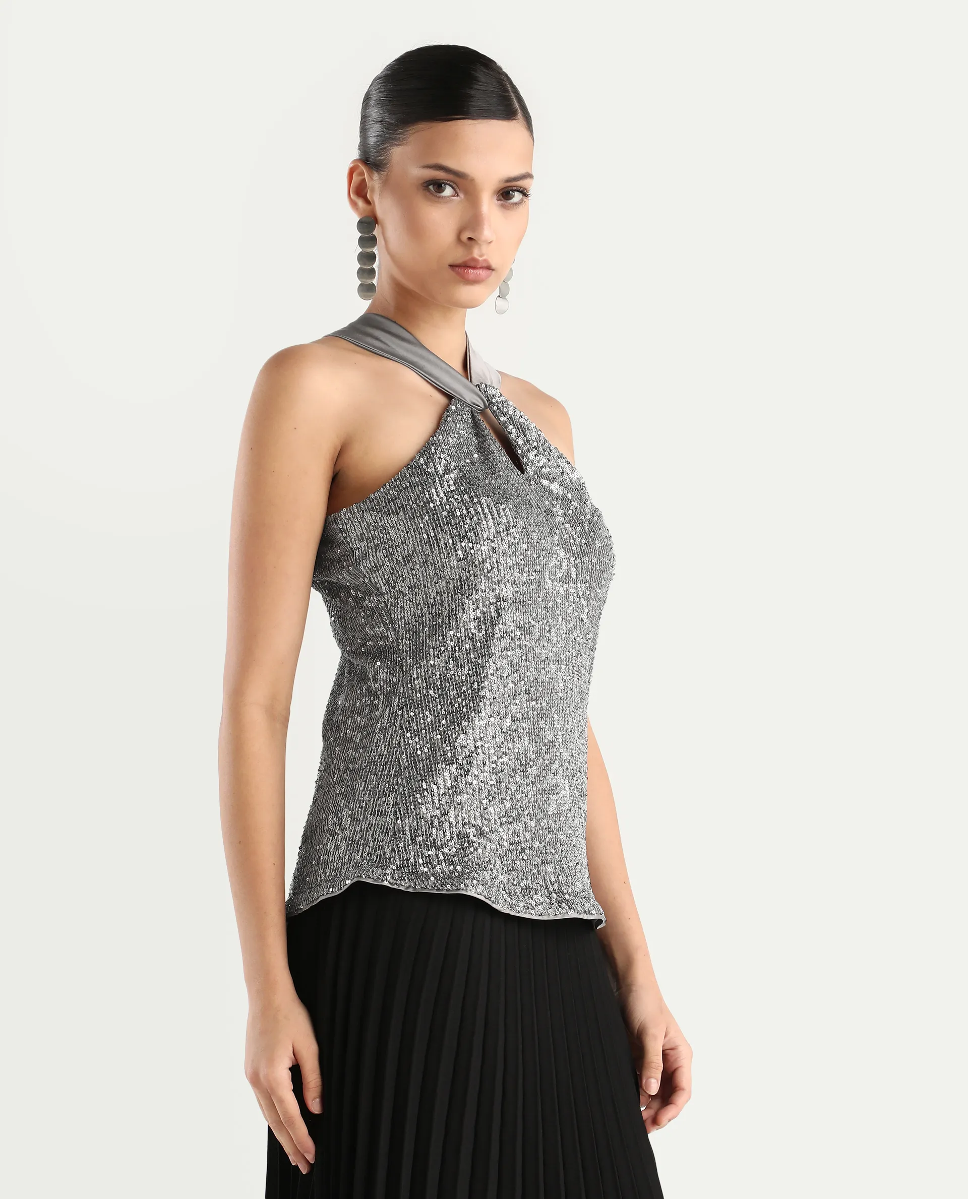 Rareism Women's Aviv Metallic Grey Polyester Halter Neck Sequined Sleeveless Regular Fit Top - Image 4