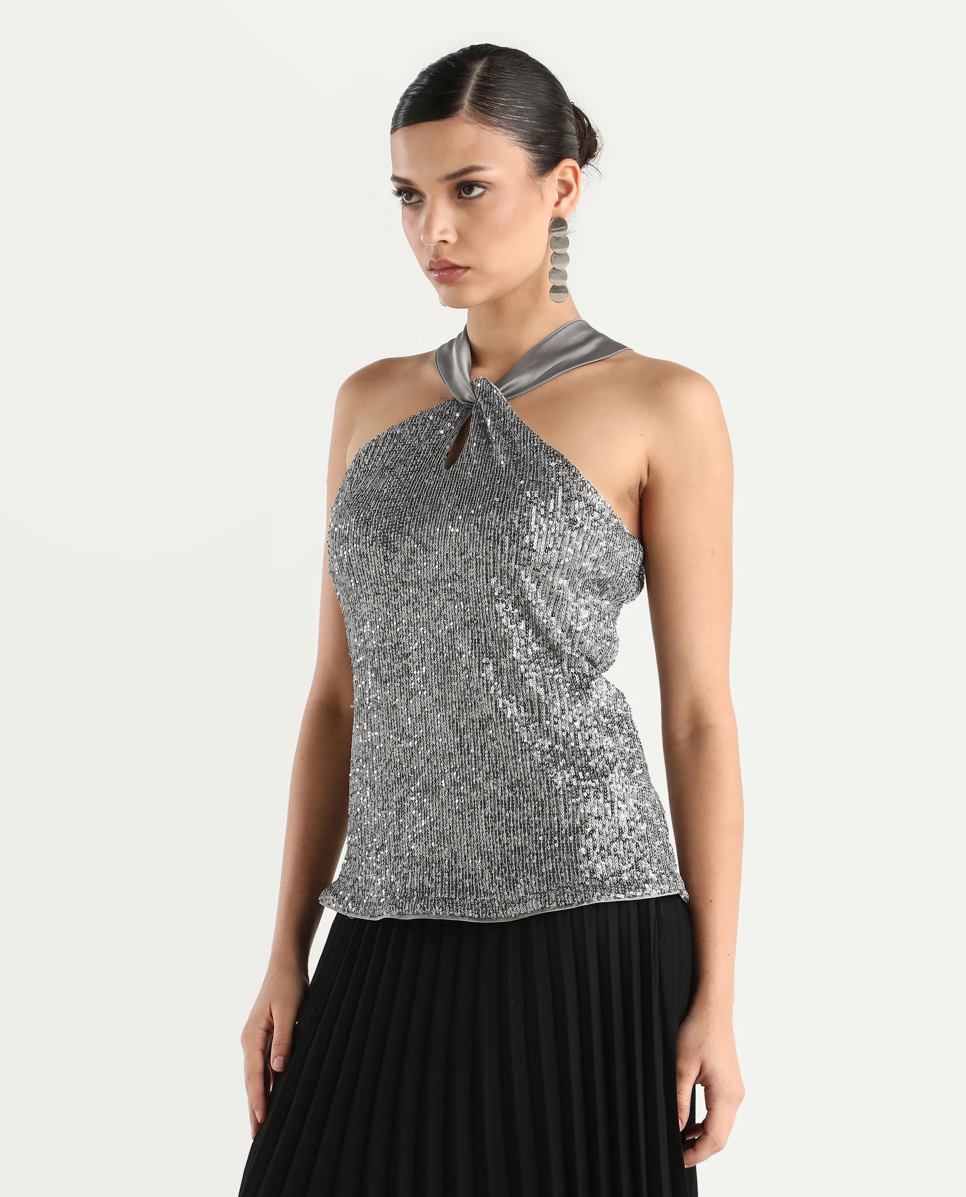 Rareism Women's Aviv Metallic Grey Polyester Halter Neck Sequined Sleeveless Regular Fit Top - Image 5