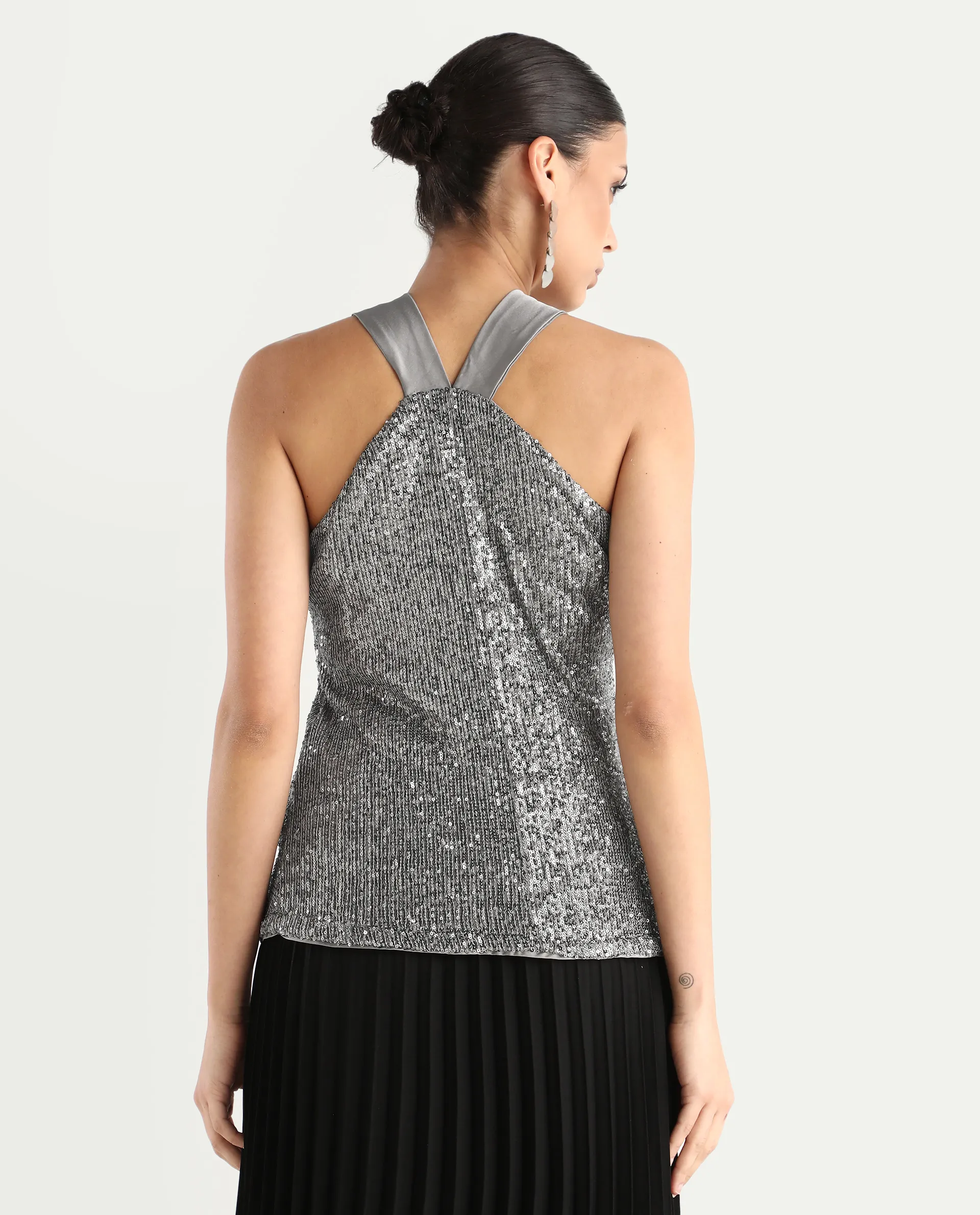 Rareism Women's Aviv Metallic Grey Polyester Halter Neck Sequined Sleeveless Regular Fit Top - Image 6