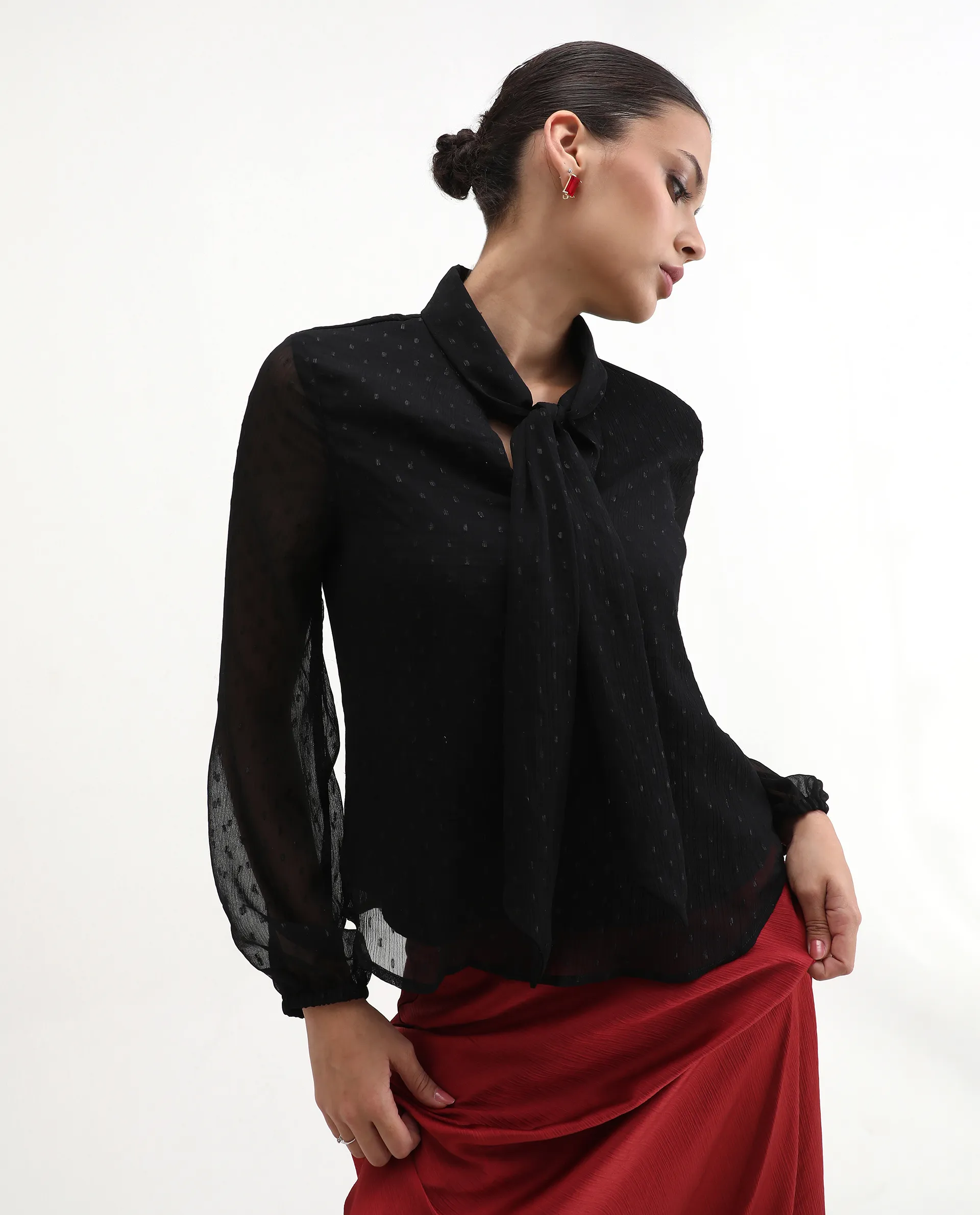 Rareism Women's Avix Black Polyester Tie-Up Neck Regular Fit Top - Image 2