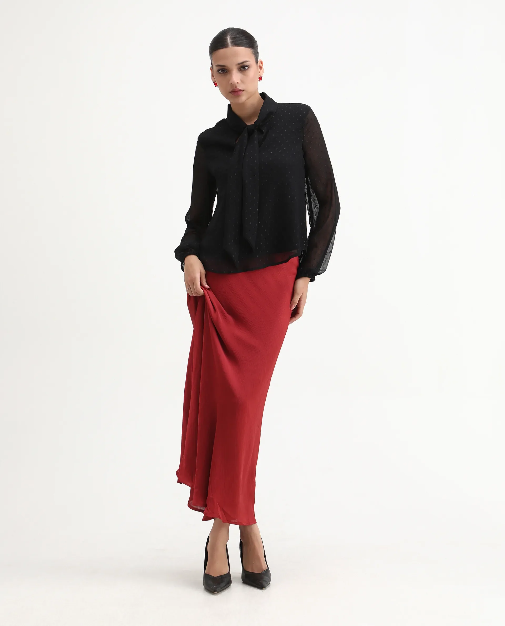 Rareism Women's Avix Black Polyester Tie-Up Neck Regular Fit Top - Image 3