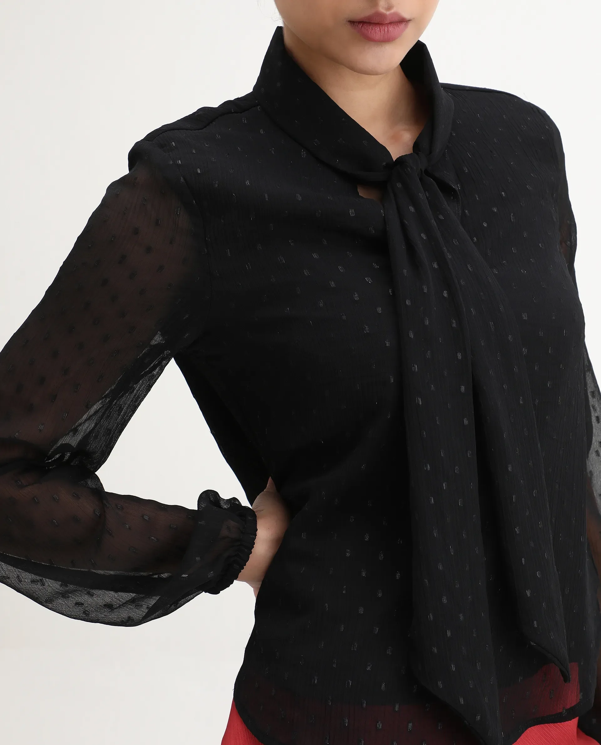 Rareism Women's Avix Black Polyester Tie-Up Neck Regular Fit Top - Image 4