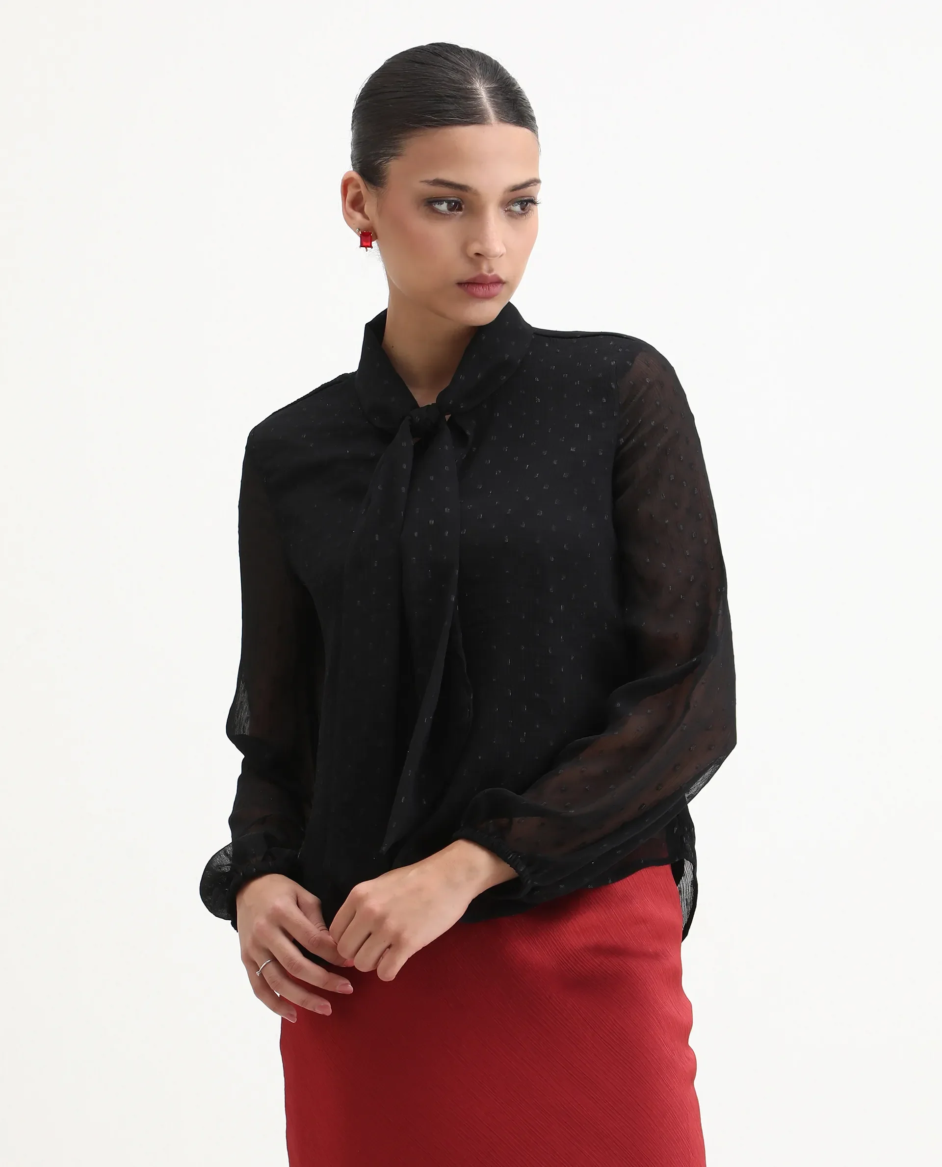 Rareism Women's Avix Black Polyester Tie-Up Neck Regular Fit Top - Image 5
