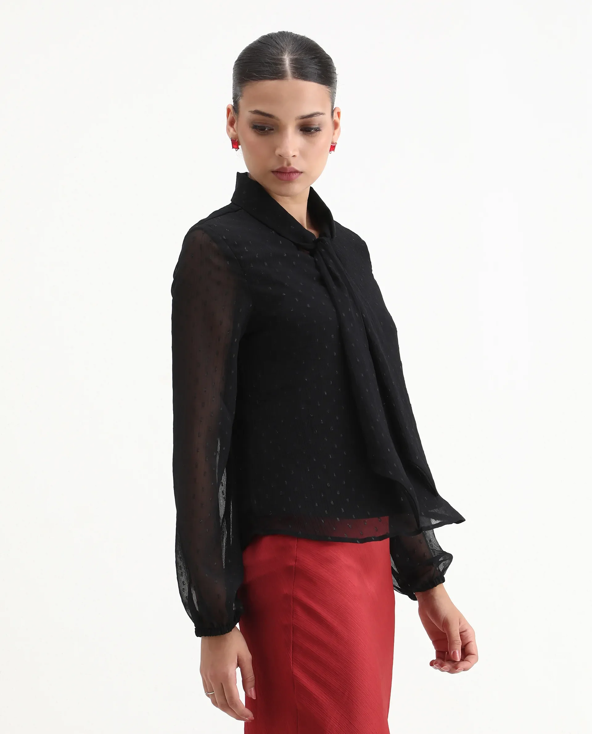 Rareism Women's Avix Black Polyester Tie-Up Neck Regular Fit Top - Image 6