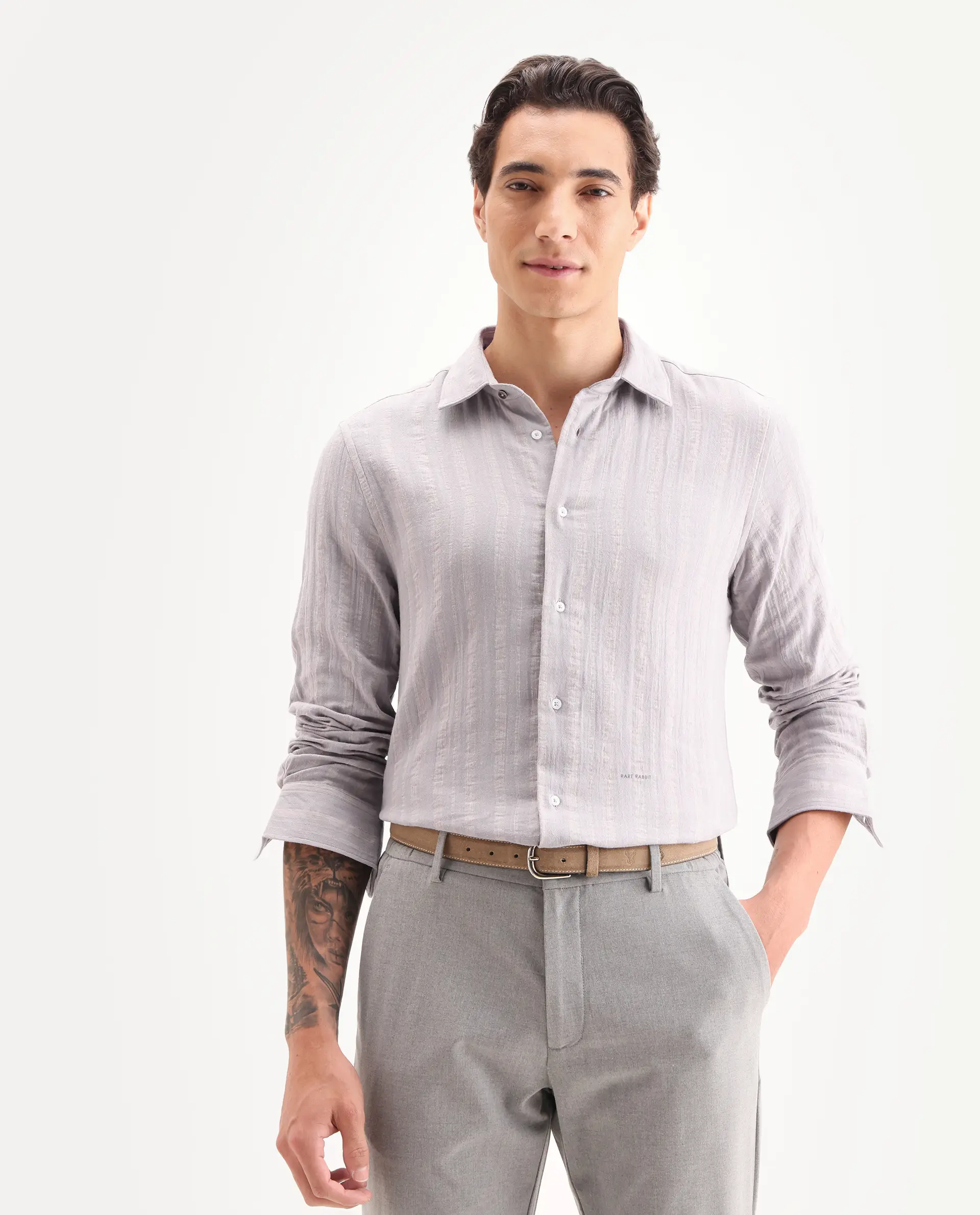 Rare Rabbit Men's Avno Dusky Purple Cotton Fabric Full Sleeve Spread Collar Regular Fit Striped Shirt - Image 6