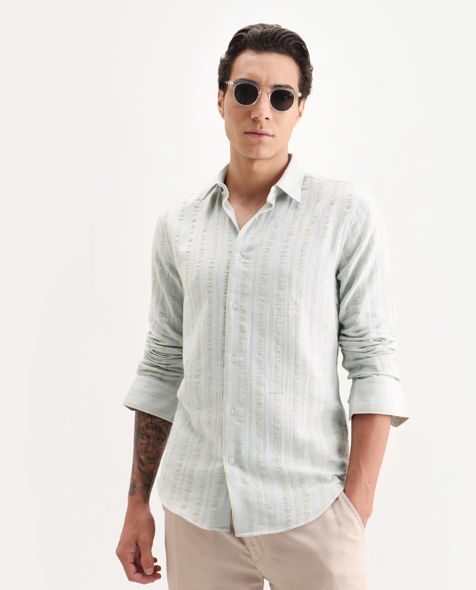 Rare Rabbit Men's Avno Light Blue Cotton Fabric Full Sleeve Spread Collar Regular Fit Striped Shirt