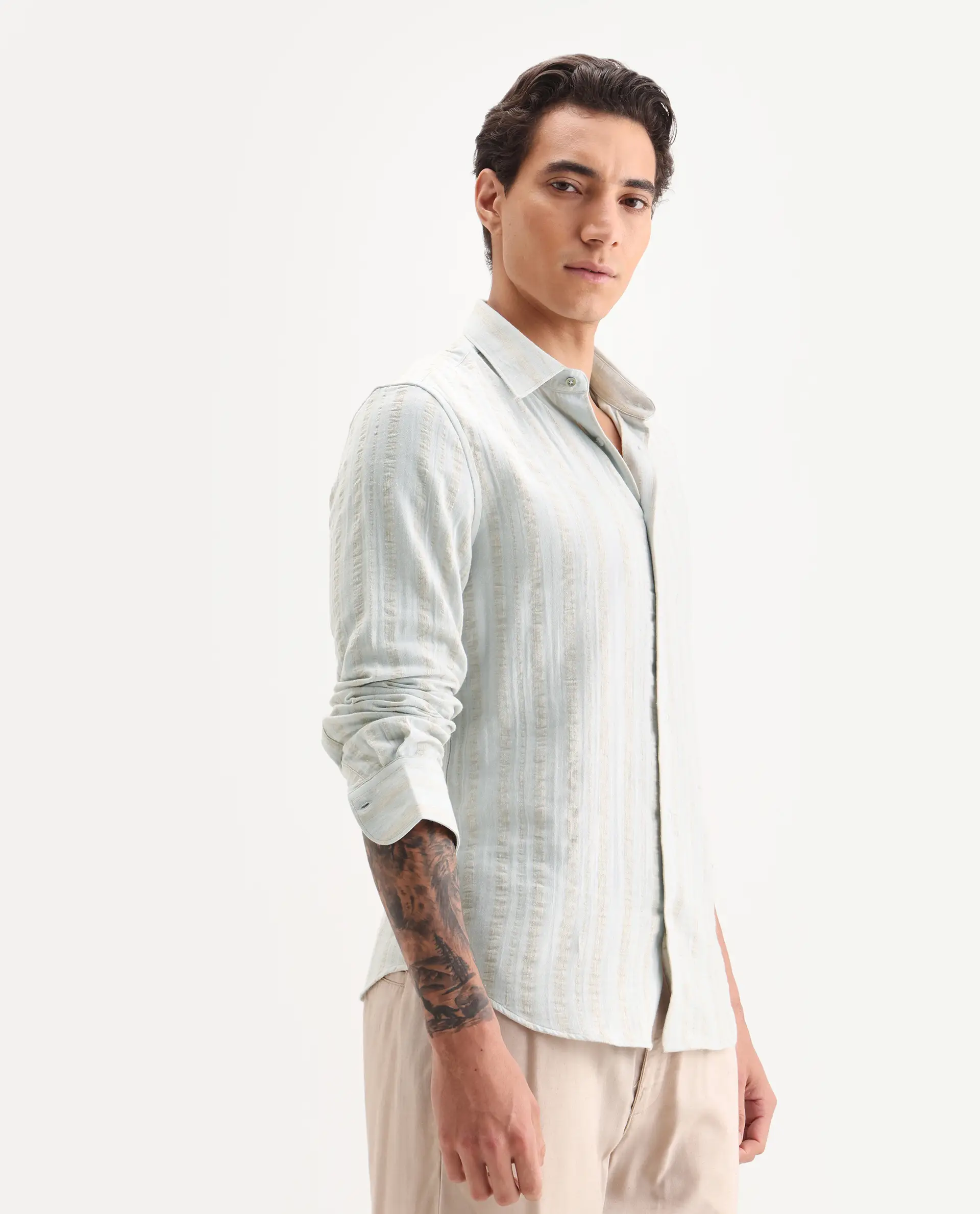 Rare Rabbit Men's Avno Light Blue Cotton Fabric Full Sleeve Spread Collar Regular Fit Striped Shirt - Image 4