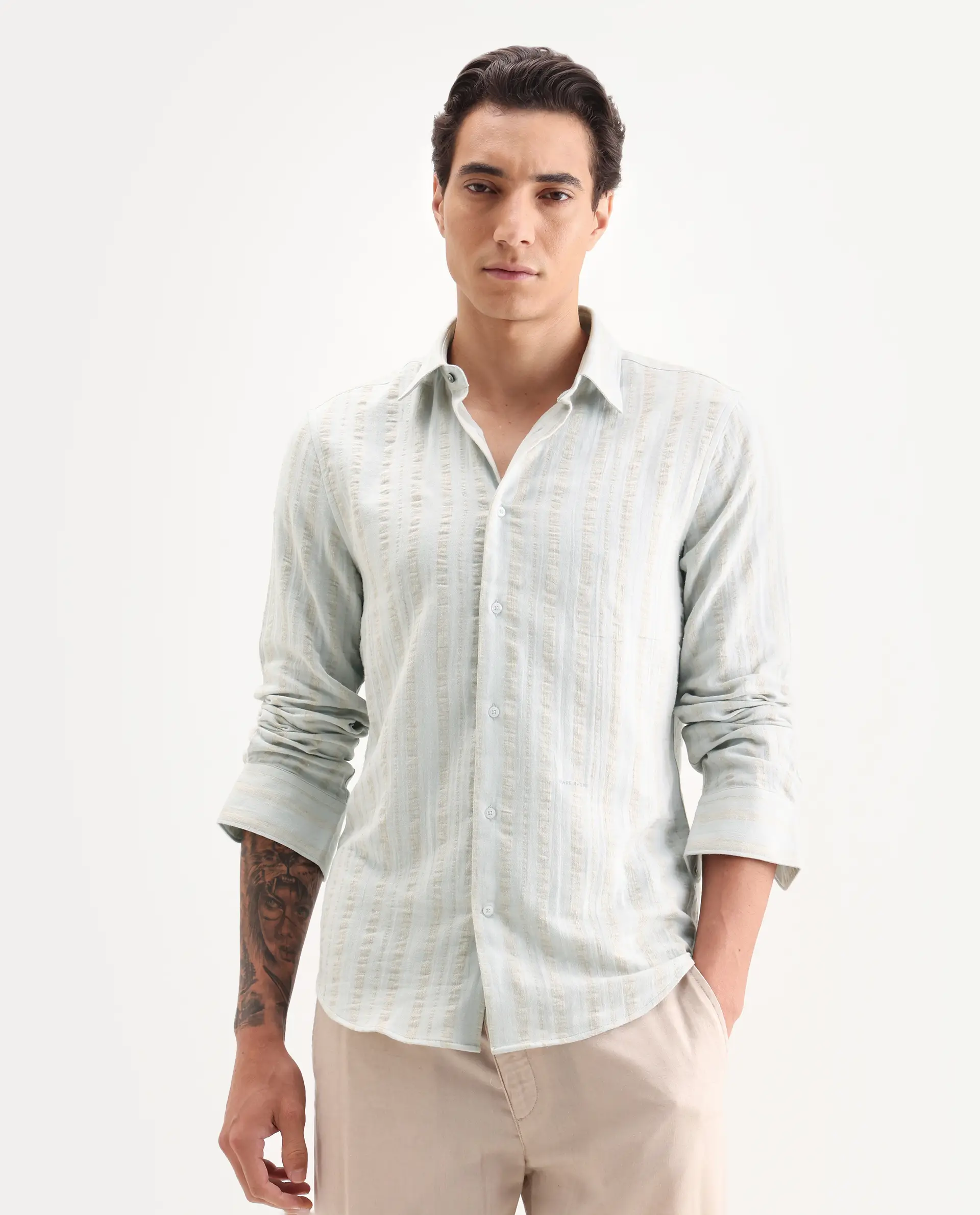 Rare Rabbit Men's Avno Light Blue Cotton Fabric Full Sleeve Spread Collar Regular Fit Striped Shirt - Image 5