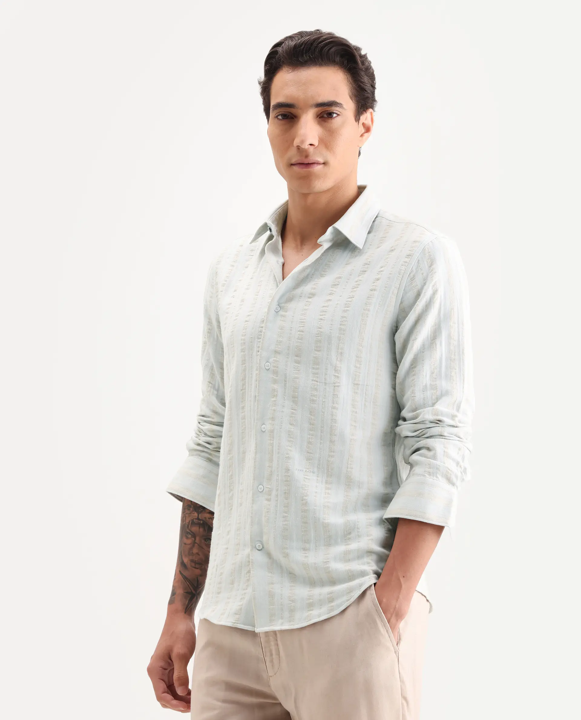 Rare Rabbit Men's Avno Light Blue Cotton Fabric Full Sleeve Spread Collar Regular Fit Striped Shirt - Image 6