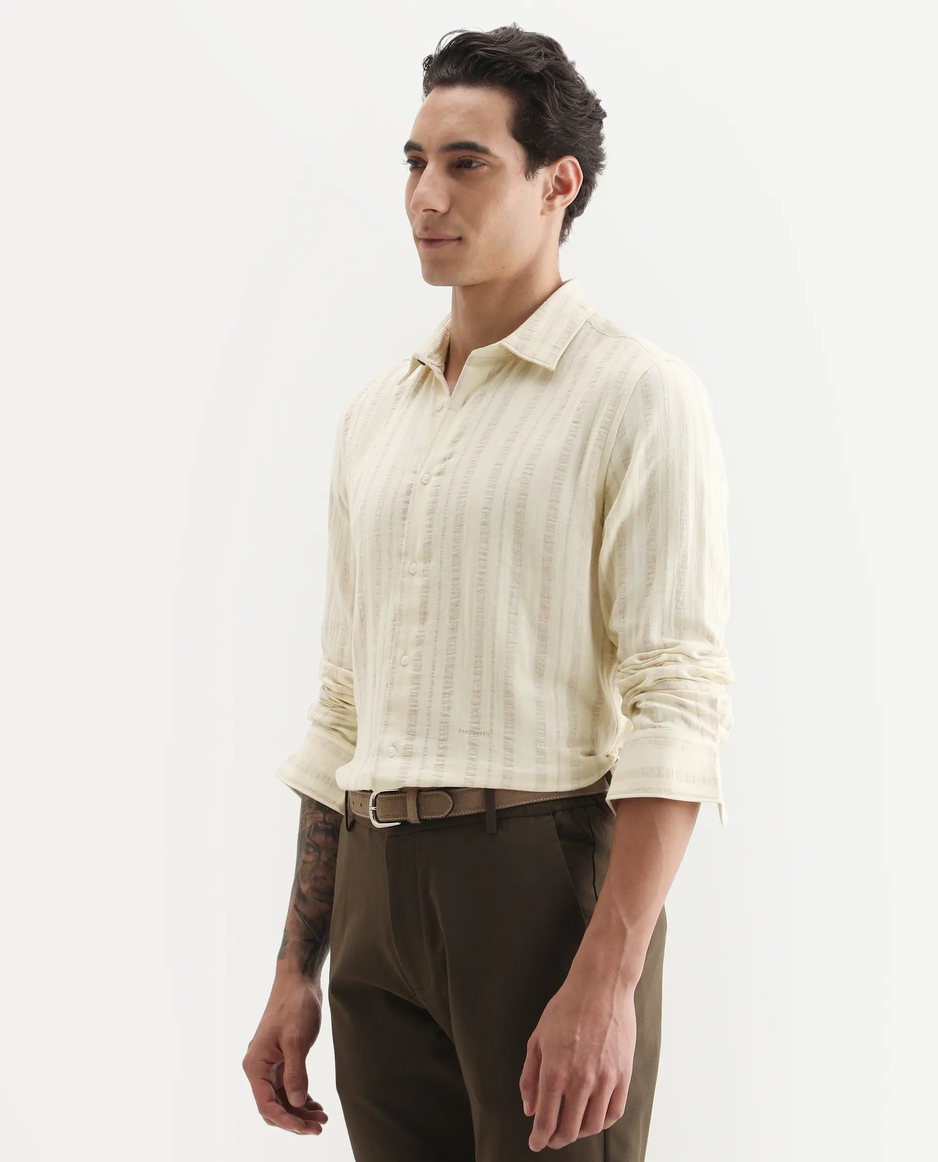Rare Rabbit Men's Avno Light Yellow Cotton Fabric Full Sleeve Spread Collar Regular Fit Striped Shirt - Image 4