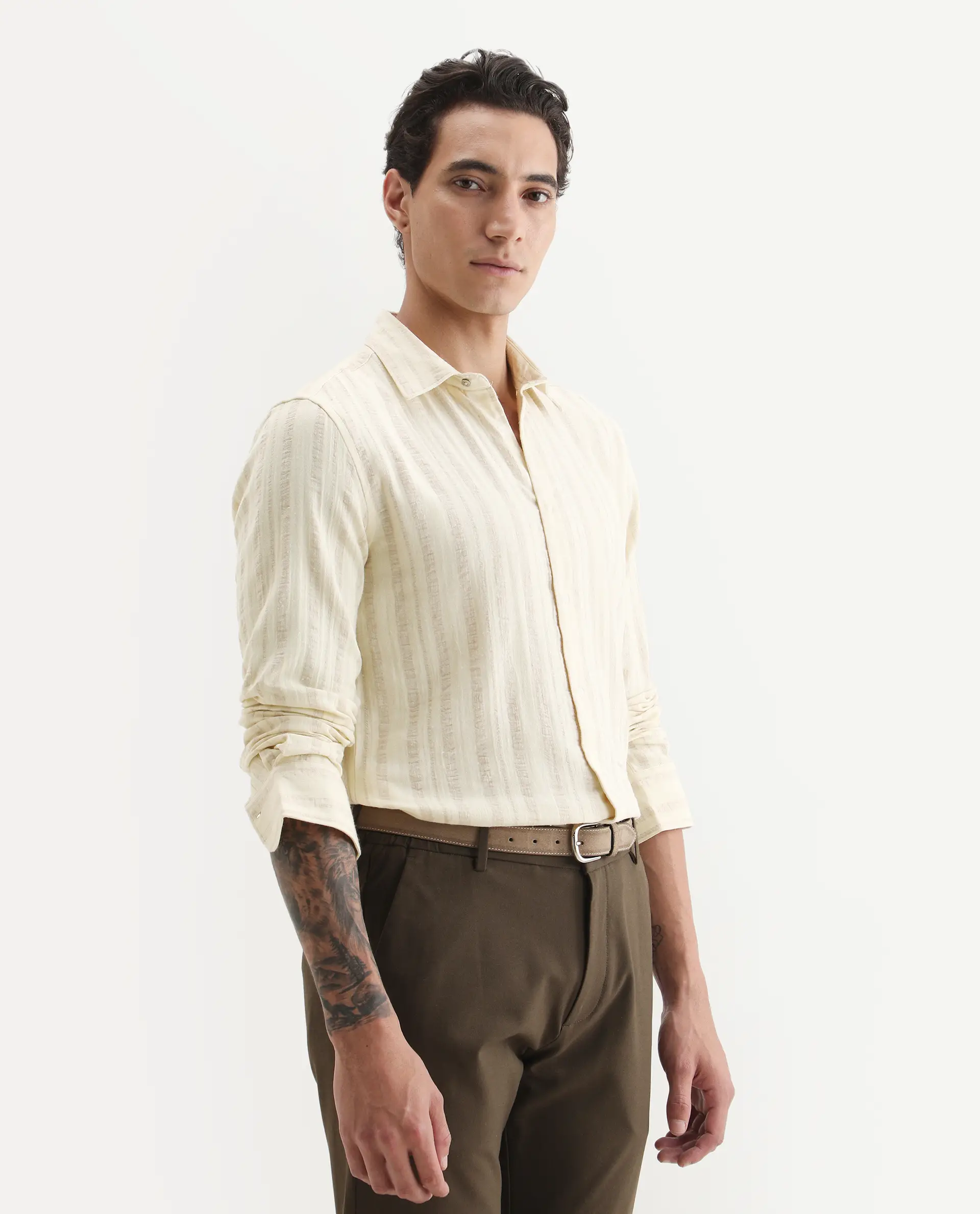 Rare Rabbit Men's Avno Light Yellow Cotton Fabric Full Sleeve Spread Collar Regular Fit Striped Shirt - Image 5