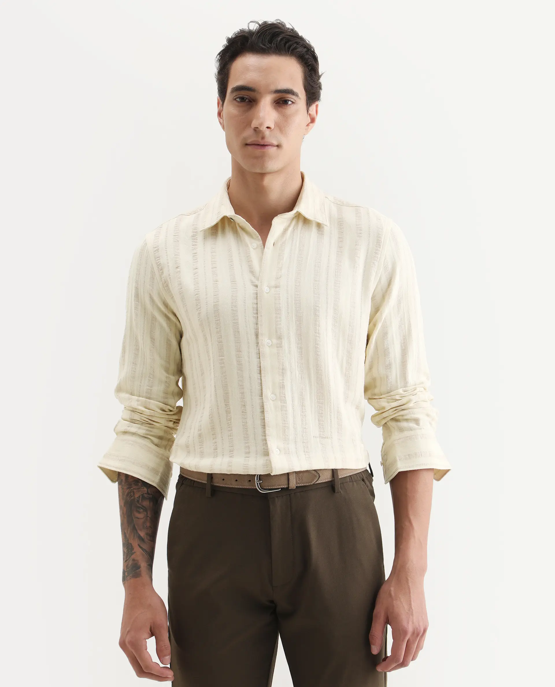 Rare Rabbit Men's Avno Light Yellow Cotton Fabric Full Sleeve Spread Collar Regular Fit Striped Shirt - Image 6