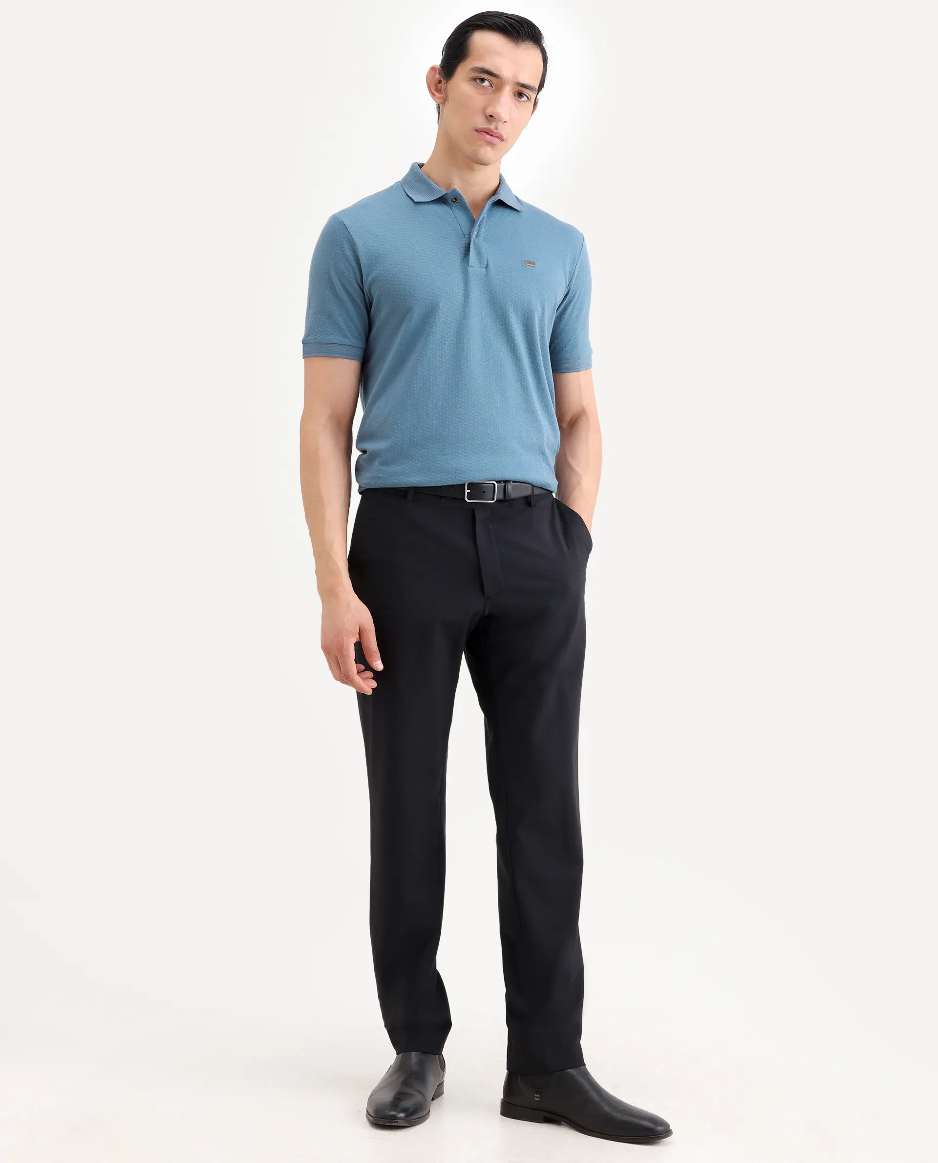 Rare Rabbit Men's Avo Dusky Blue Cotton Fabric Spread Collar Regular Fit Plain Polo - Image 2