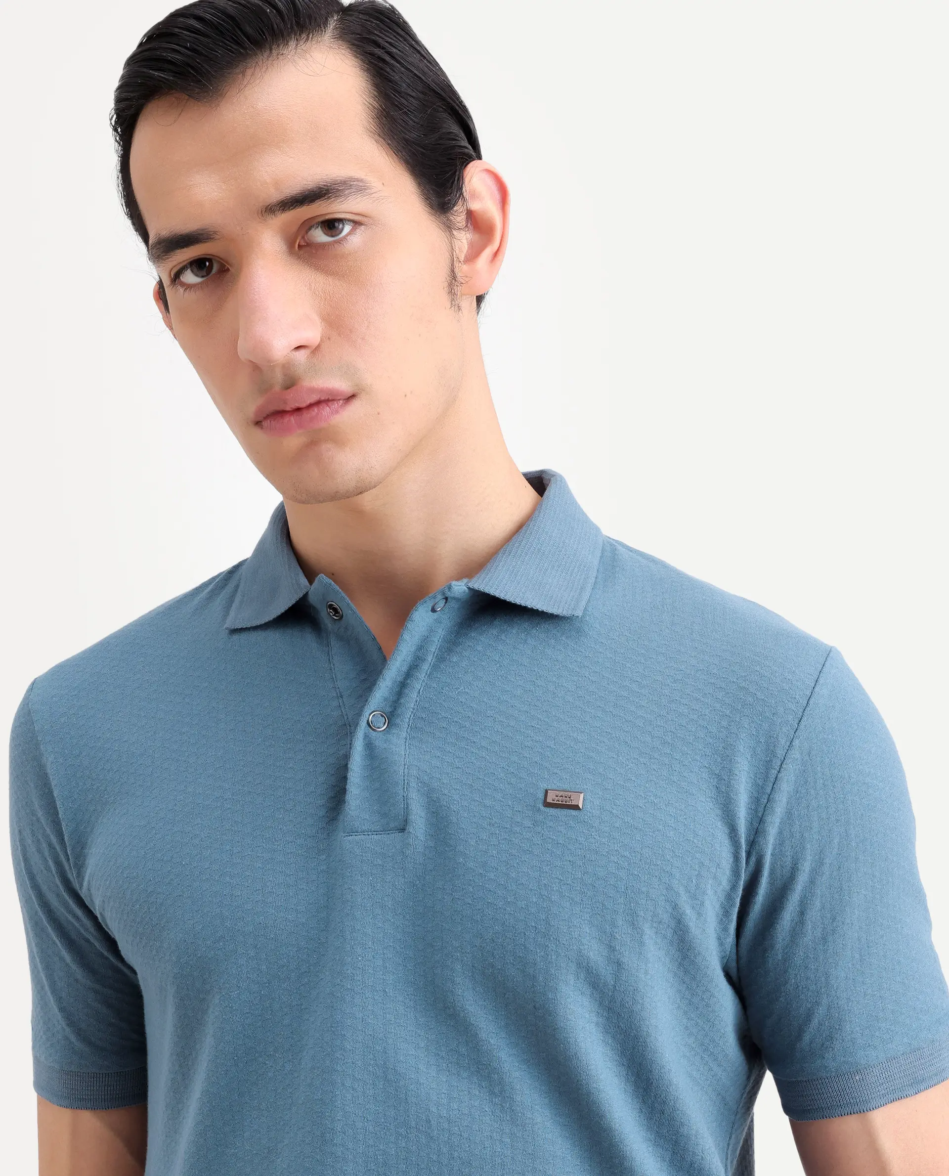 Rare Rabbit Men's Avo Dusky Blue Cotton Fabric Spread Collar Regular Fit Plain Polo - Image 3