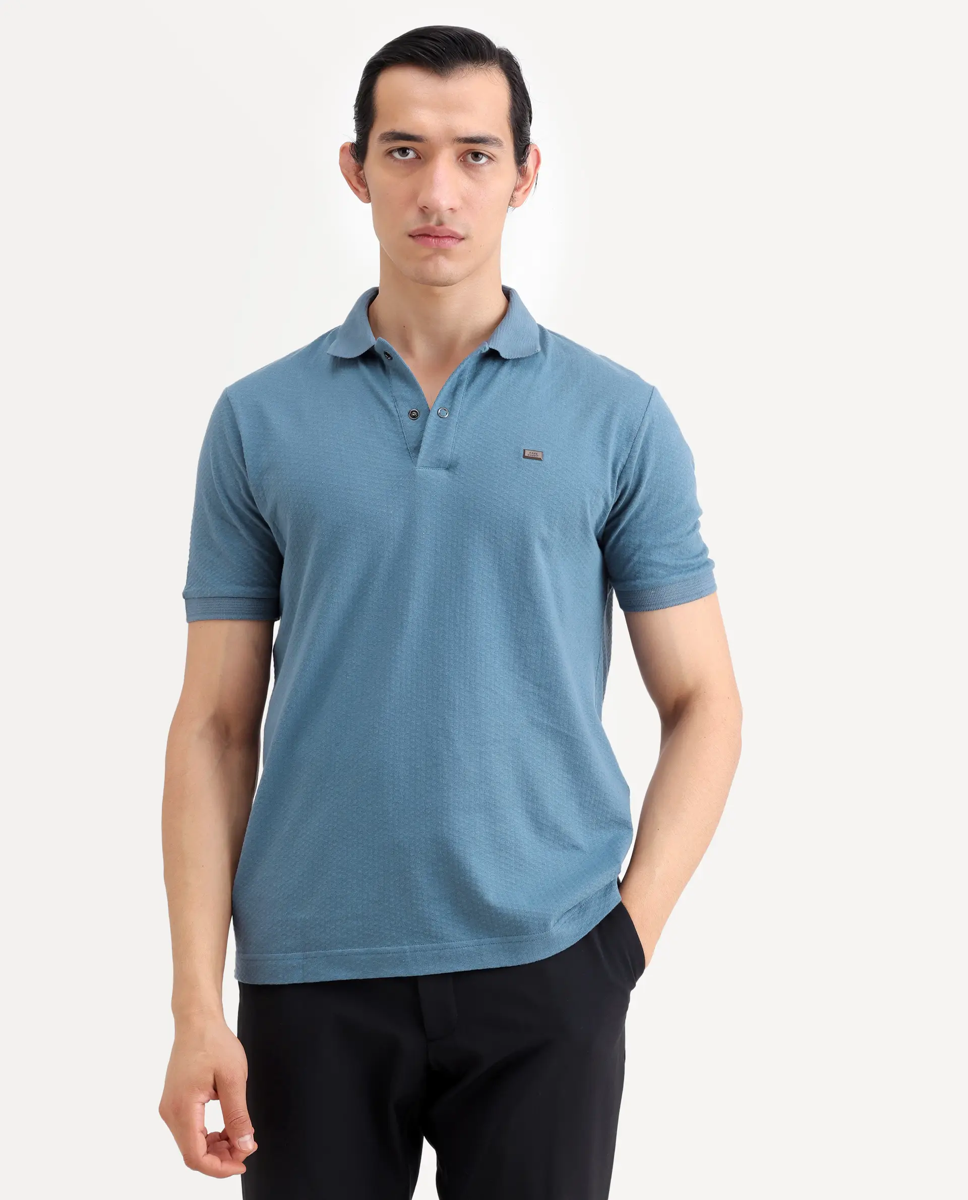 Rare Rabbit Men's Avo Dusky Blue Cotton Fabric Spread Collar Regular Fit Plain Polo - Image 4