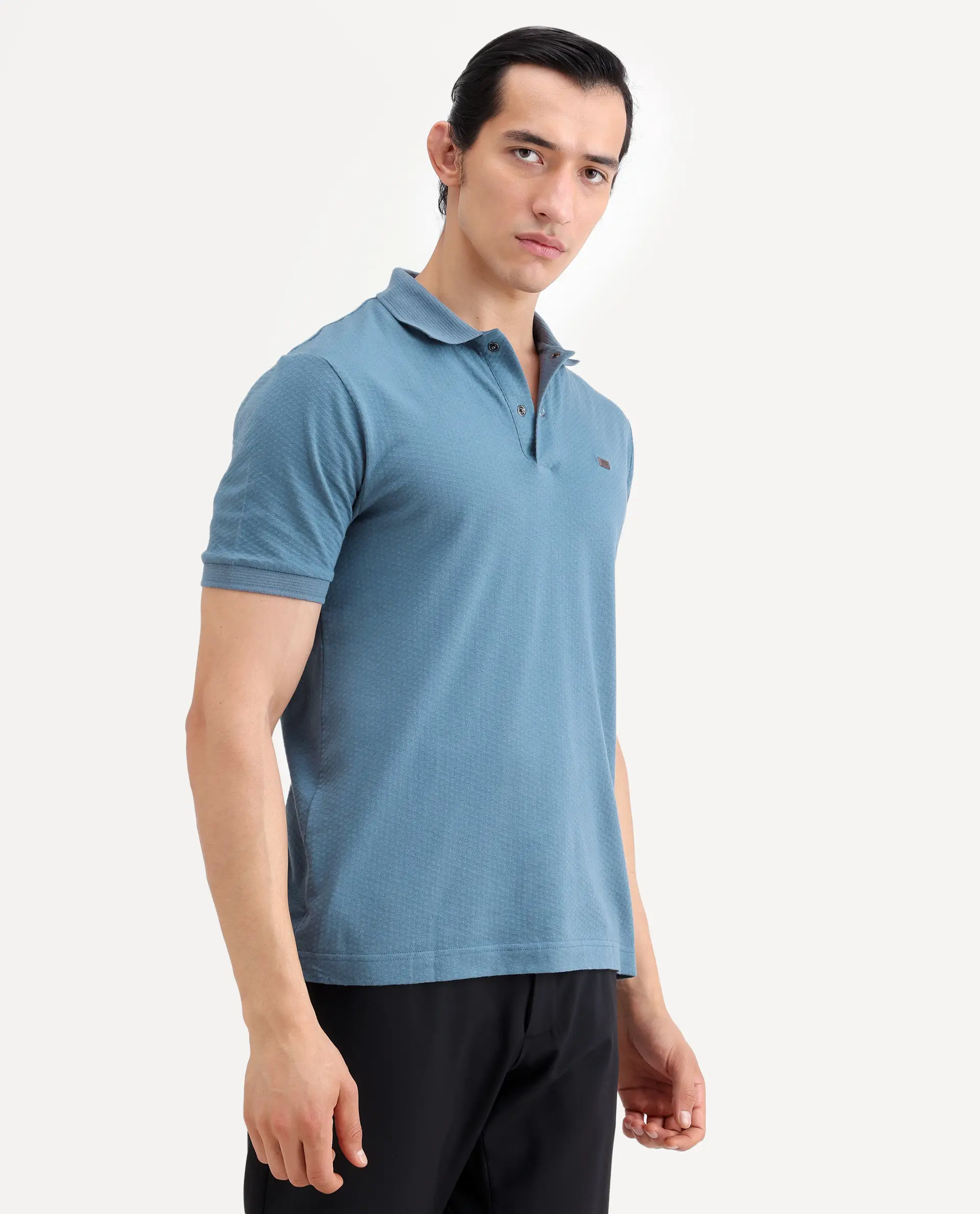 Rare Rabbit Men's Avo Dusky Blue Cotton Fabric Spread Collar Regular Fit Plain Polo - Image 5