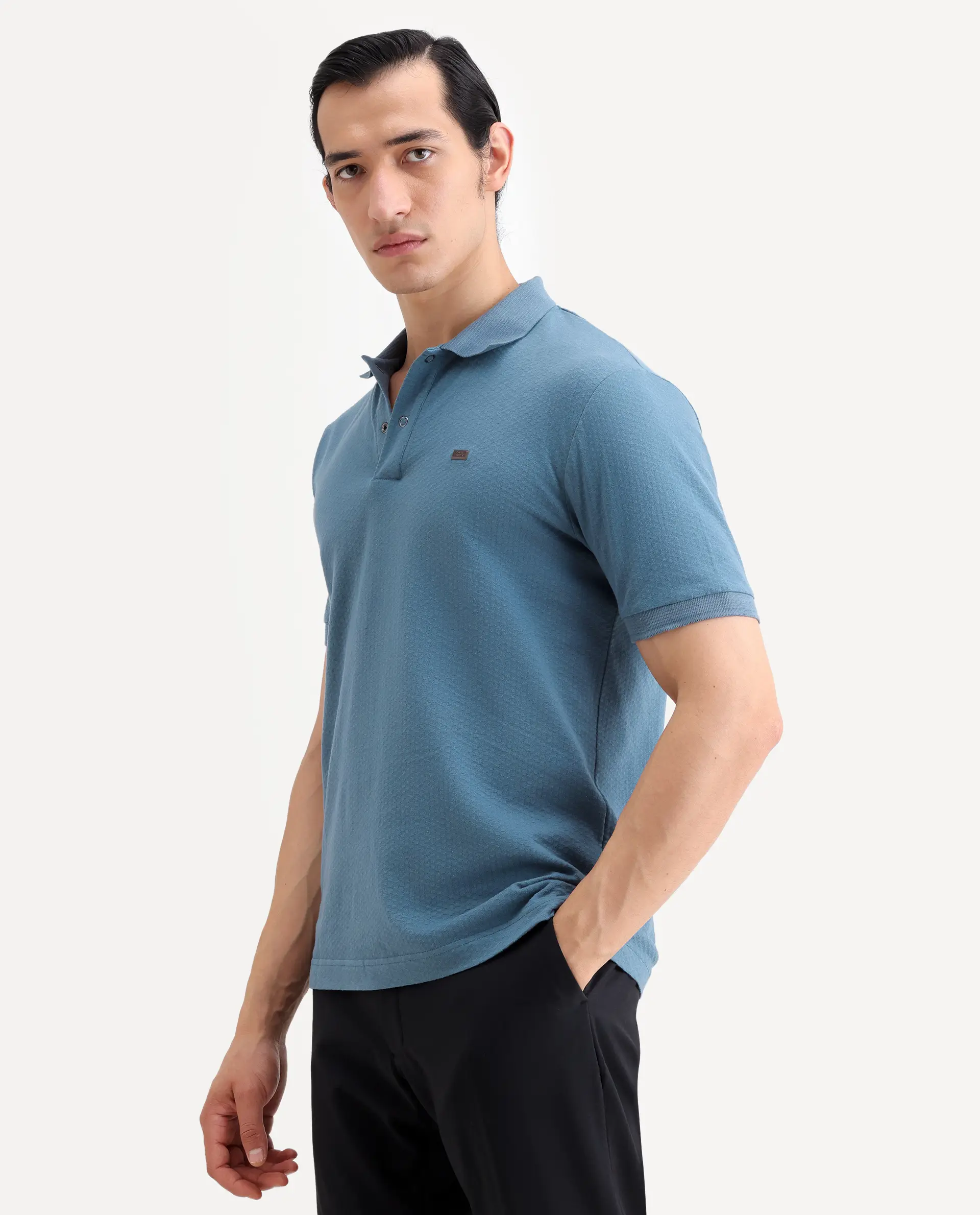 Rare Rabbit Men's Avo Dusky Blue Cotton Fabric Spread Collar Regular Fit Plain Polo - Image 6