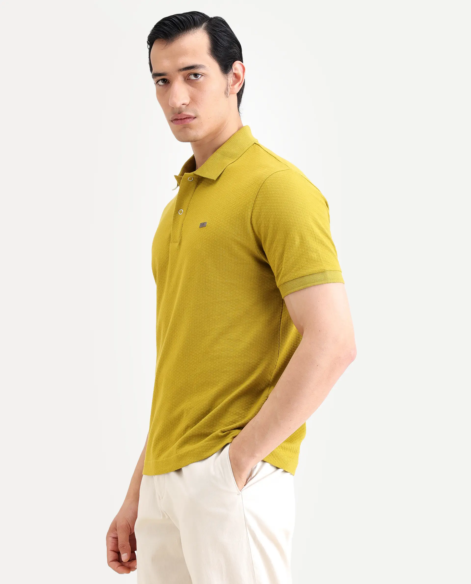 Rare Rabbit Men's Avo Dusky Olive Cotton Fabric Spread Collar Regular Fit Plain Polo - Image 4