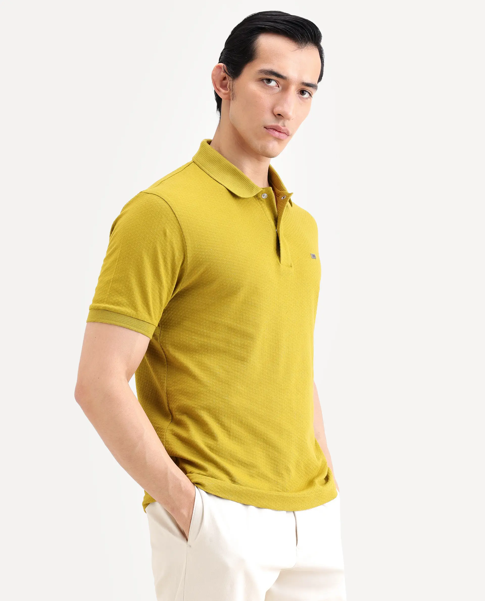 Rare Rabbit Men's Avo Dusky Olive Cotton Fabric Spread Collar Regular Fit Plain Polo - Image 5