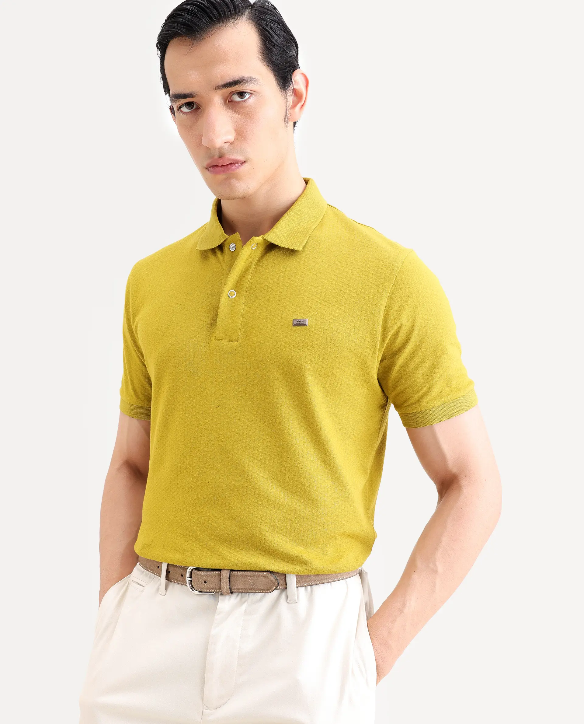 Rare Rabbit Men's Avo Dusky Olive Cotton Fabric Spread Collar Regular Fit Plain Polo - Image 6