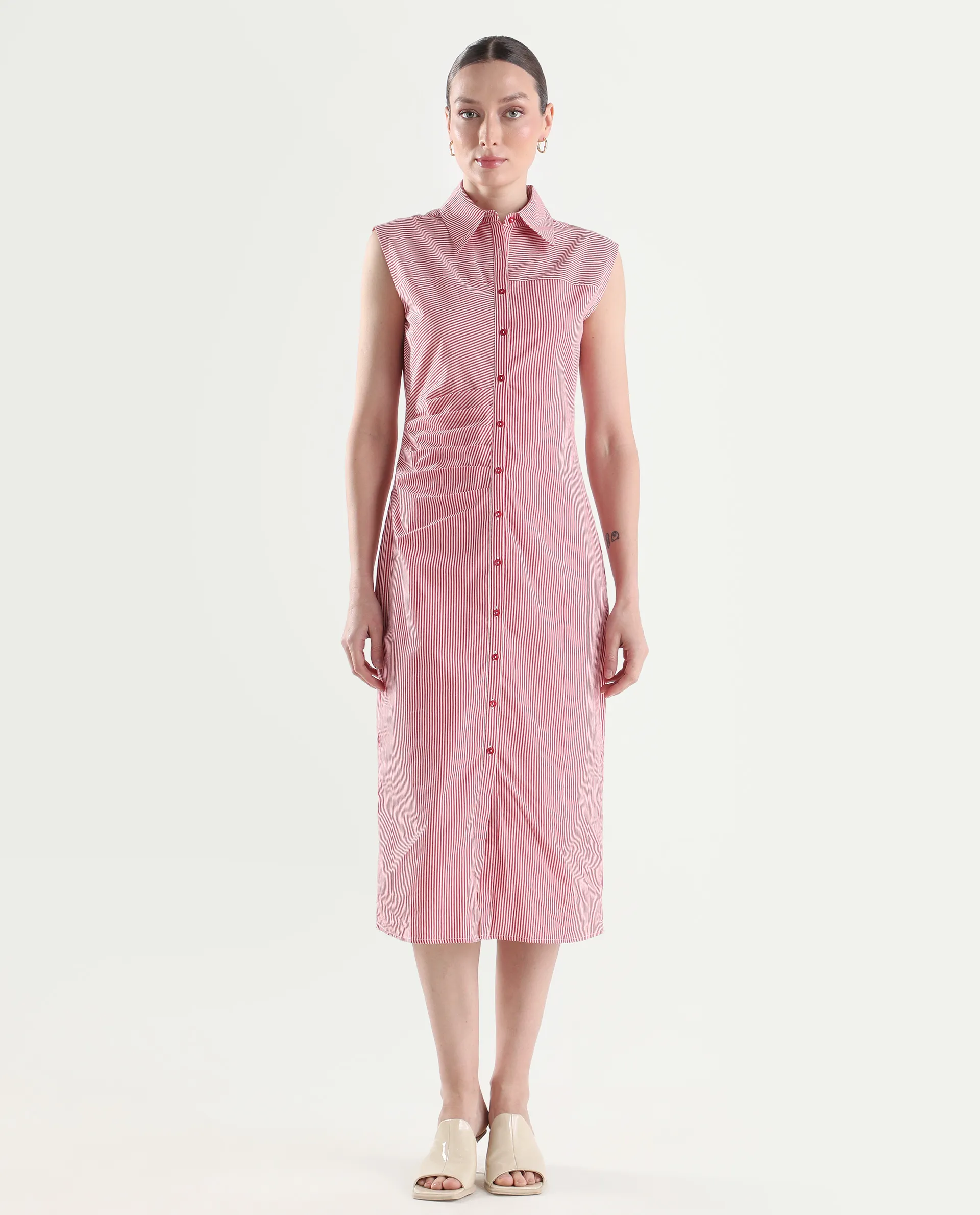 Rareism Women's Avoca Red Cotton Half Sleeve Fitted Striped Dresas - Image 3