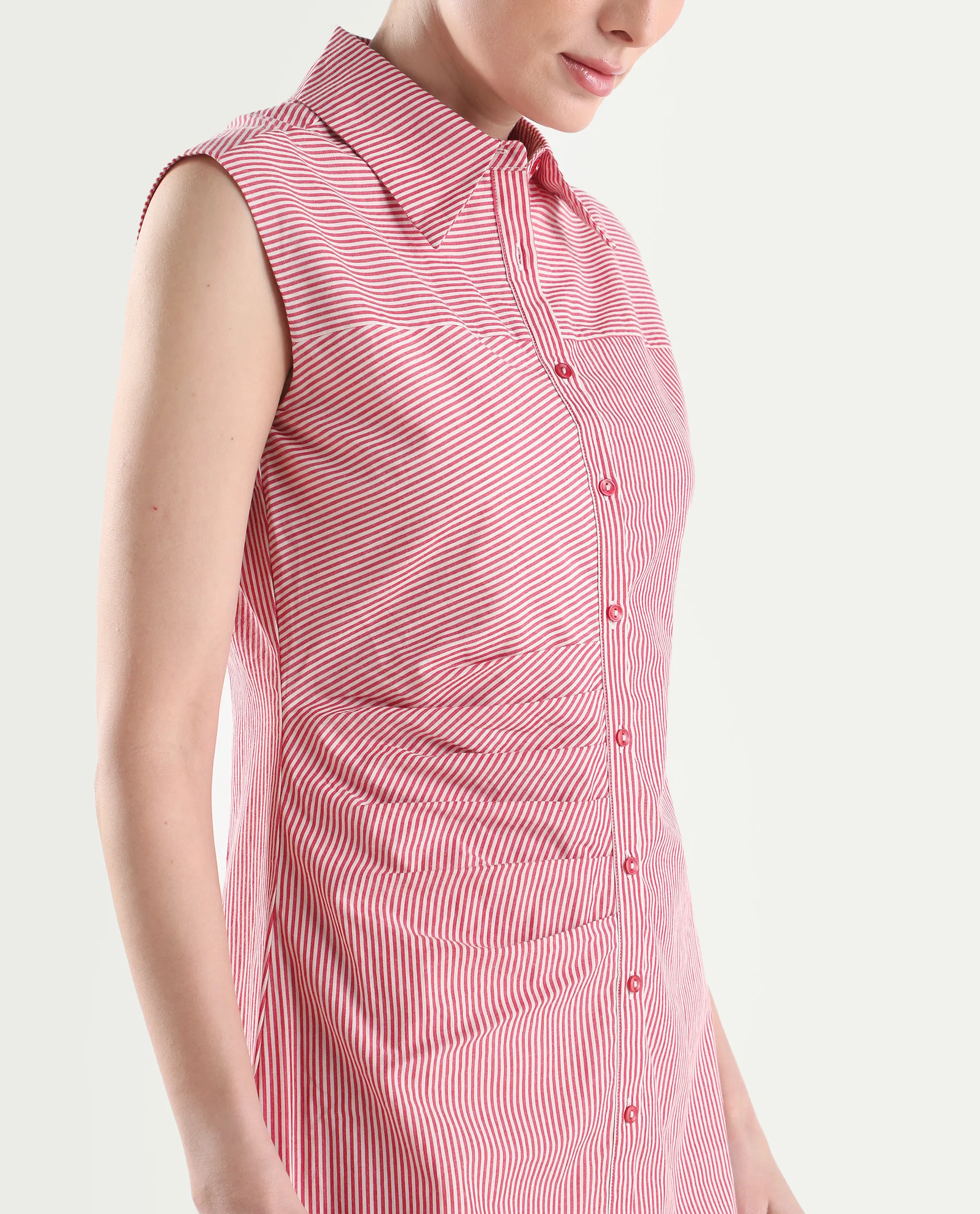 Rareism Women's Avoca Red Cotton Half Sleeve Fitted Striped Dresas - Image 4