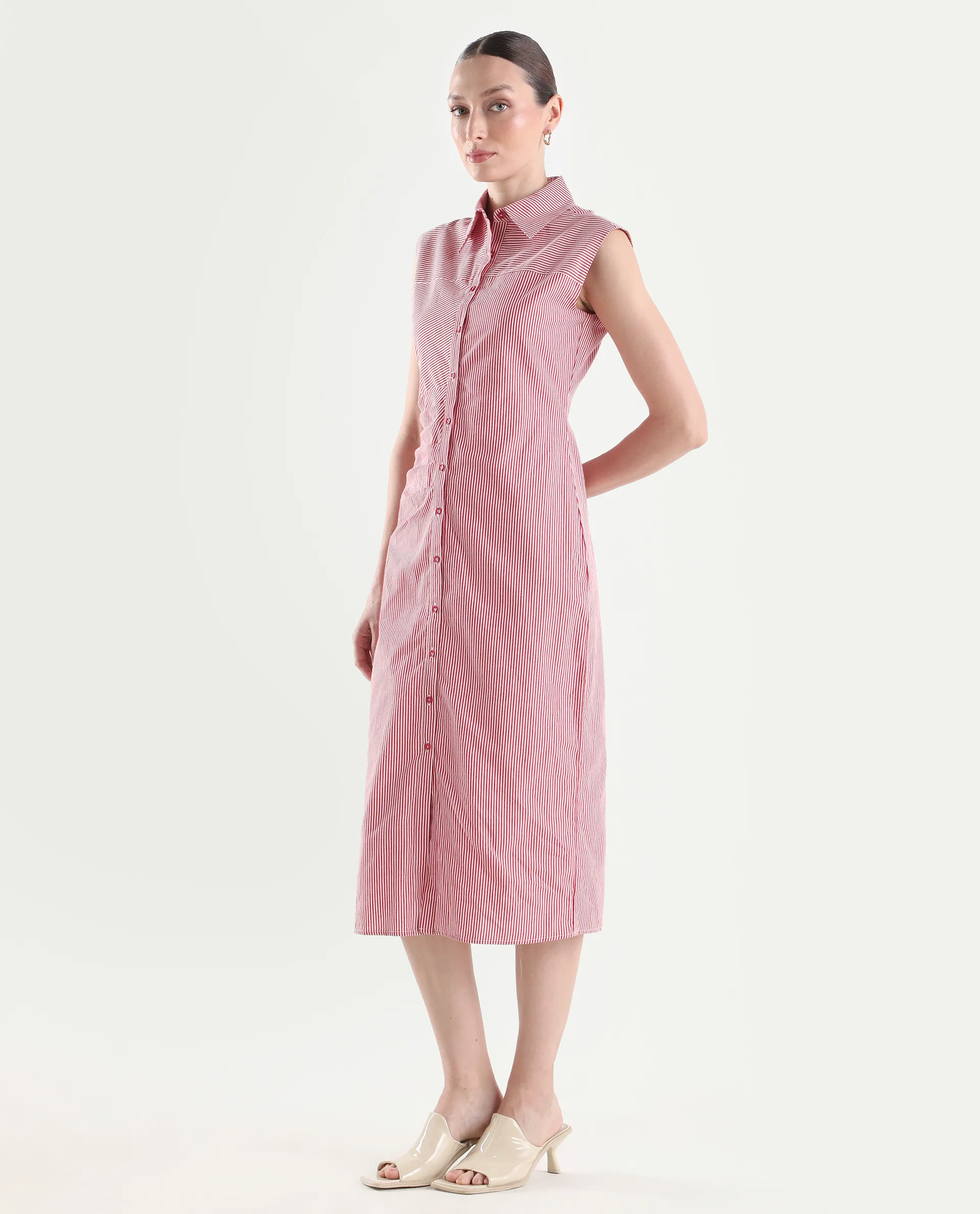 Rareism Women's Avoca Red Cotton Half Sleeve Fitted Striped Dresas - Image 5