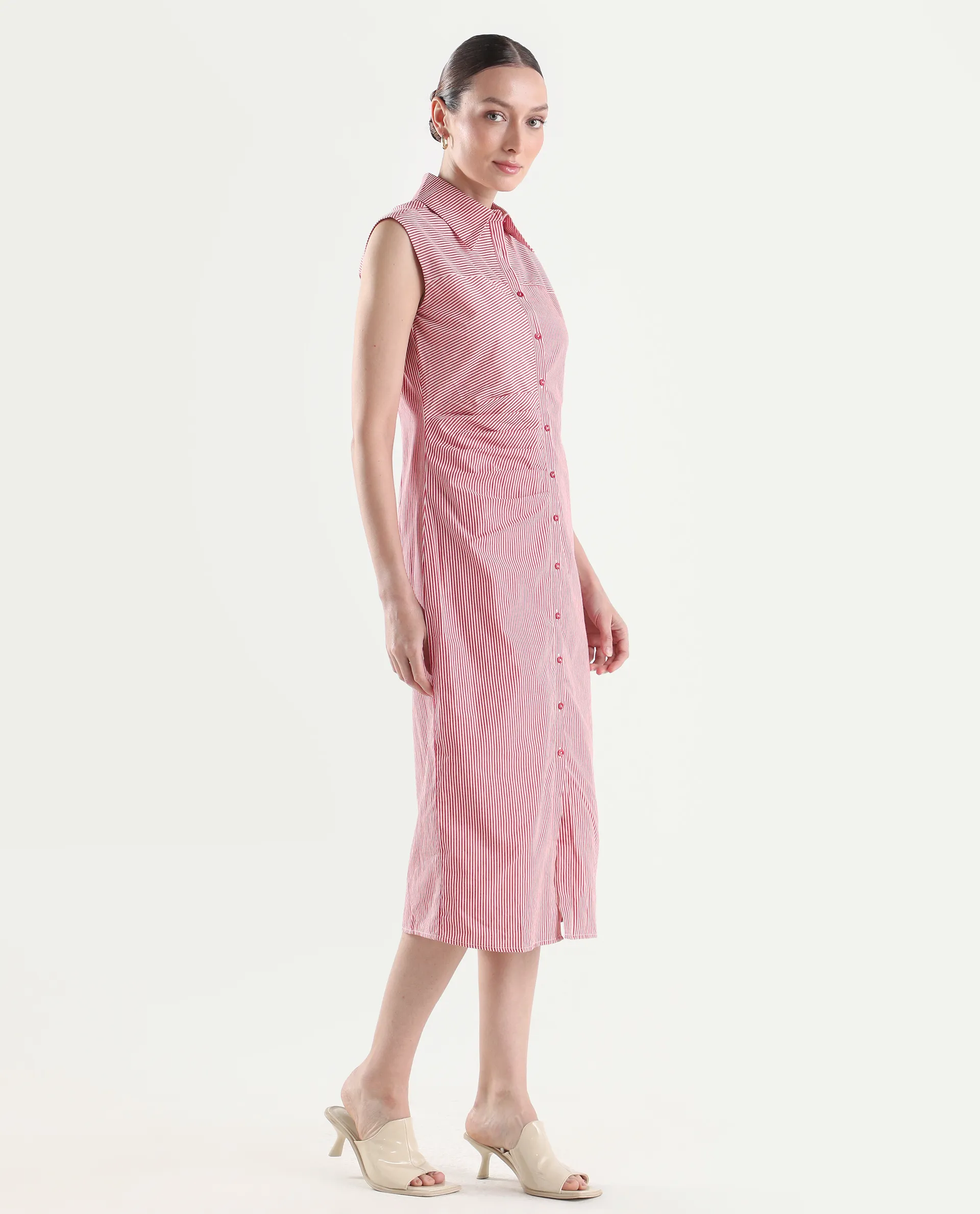 Rareism Women's Avoca Red Cotton Half Sleeve Fitted Striped Dresas - Image 6