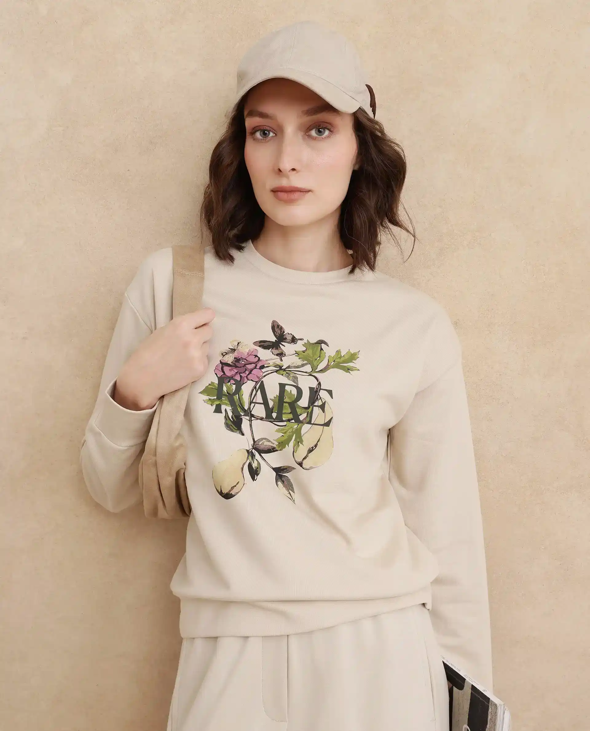 Rareism Women's Avoca Beige Cotton Blend Crew Neck Floral Print Regular Fit Sweatshirt