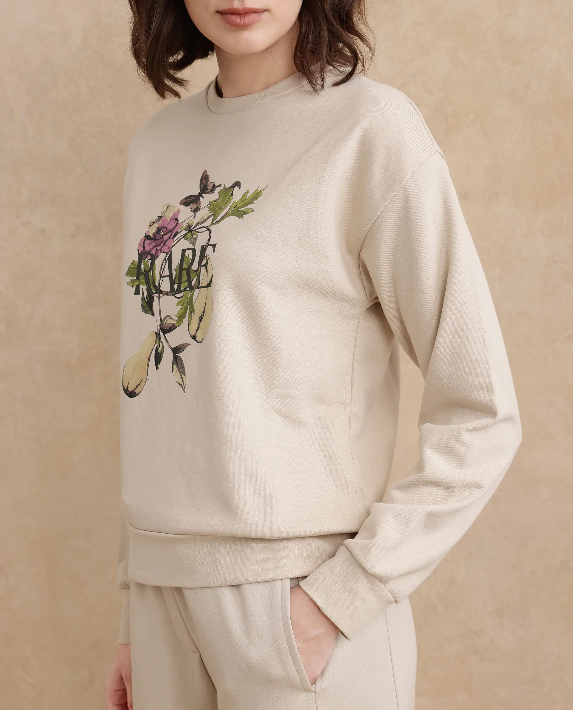 Rareism Women's Avoca Beige Cotton Blend Crew Neck Floral Print Regular Fit Sweatshirt - Image 2