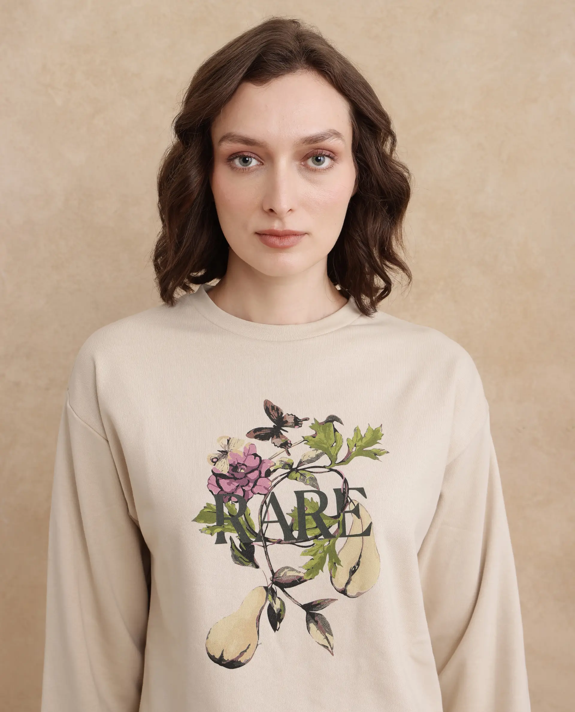 Rareism Women's Avoca Beige Cotton Blend Crew Neck Floral Print Regular Fit Sweatshirt - Image 3