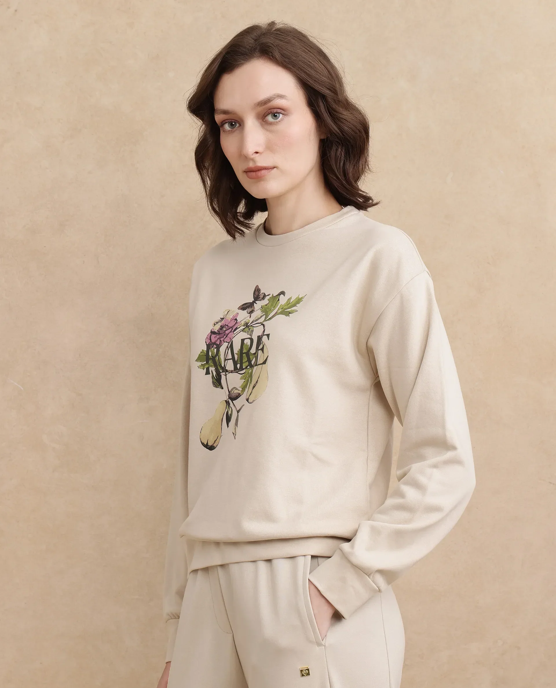 Rareism Women's Avoca Beige Cotton Blend Crew Neck Floral Print Regular Fit Sweatshirt - Image 4