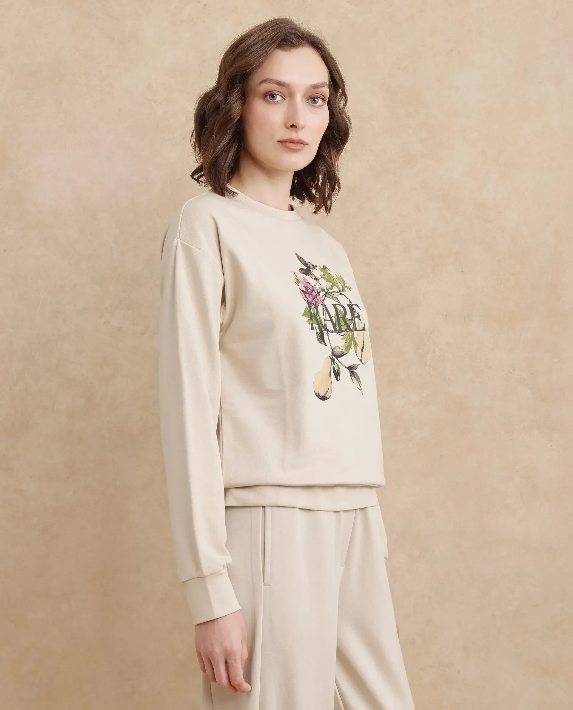 Rareism Women's Avoca Beige Cotton Blend Crew Neck Floral Print Regular Fit Sweatshirt - Image 5