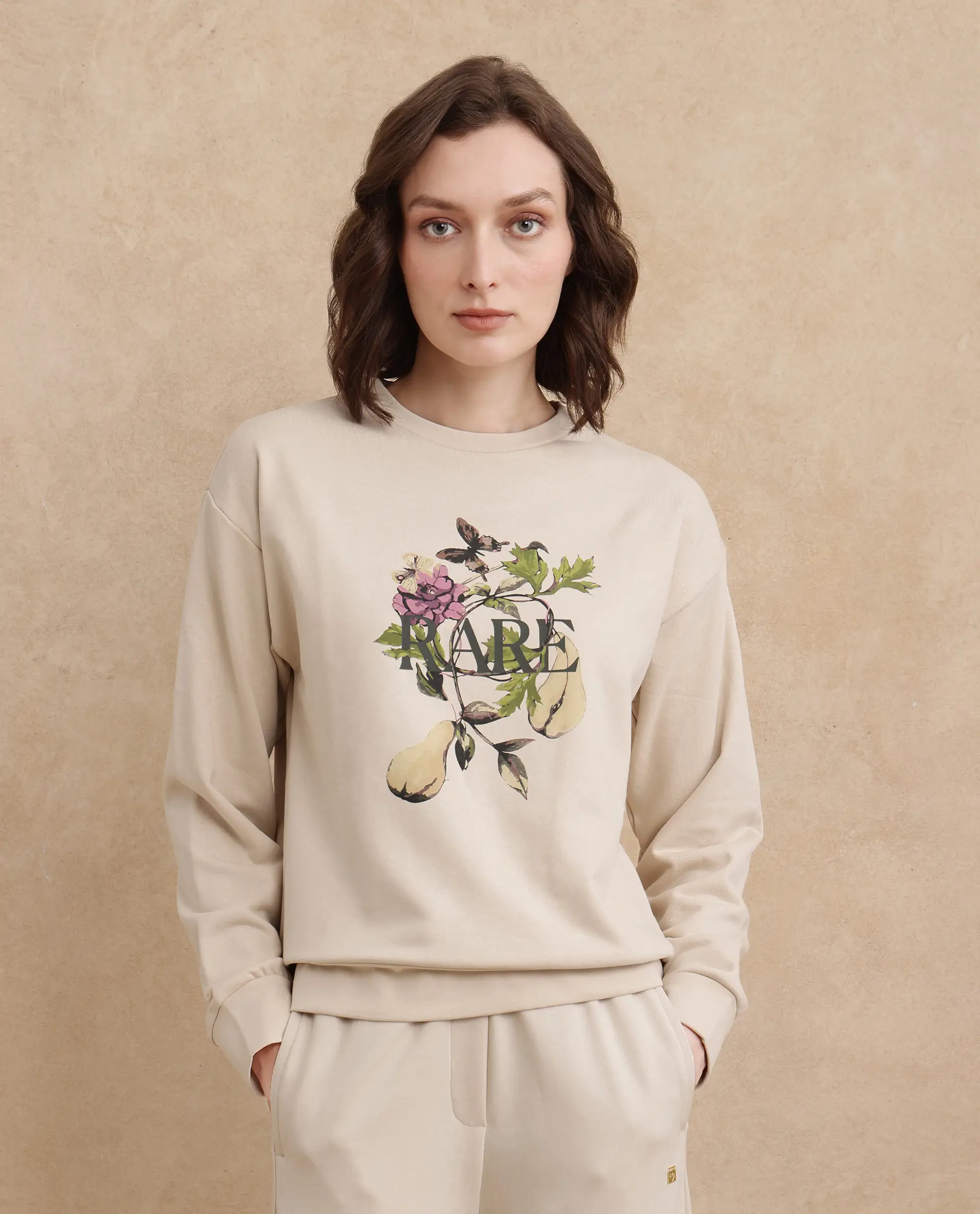 Rareism Women's Avoca Beige Cotton Blend Crew Neck Floral Print Regular Fit Sweatshirt - Image 6