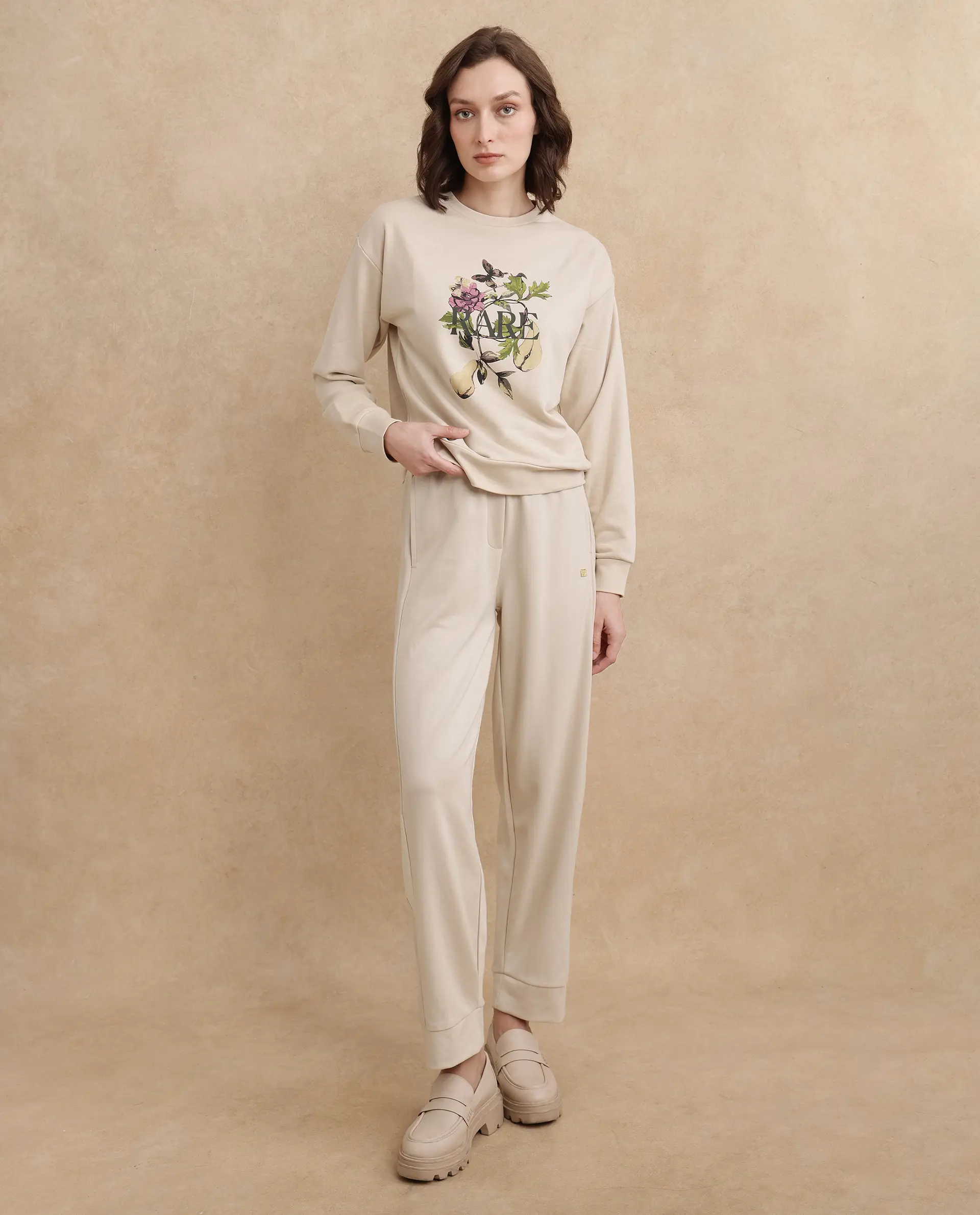 Rareism Women's Avoca Beige Cotton Blend Crew Neck Floral Print Regular Fit Sweatshirt - Image 8