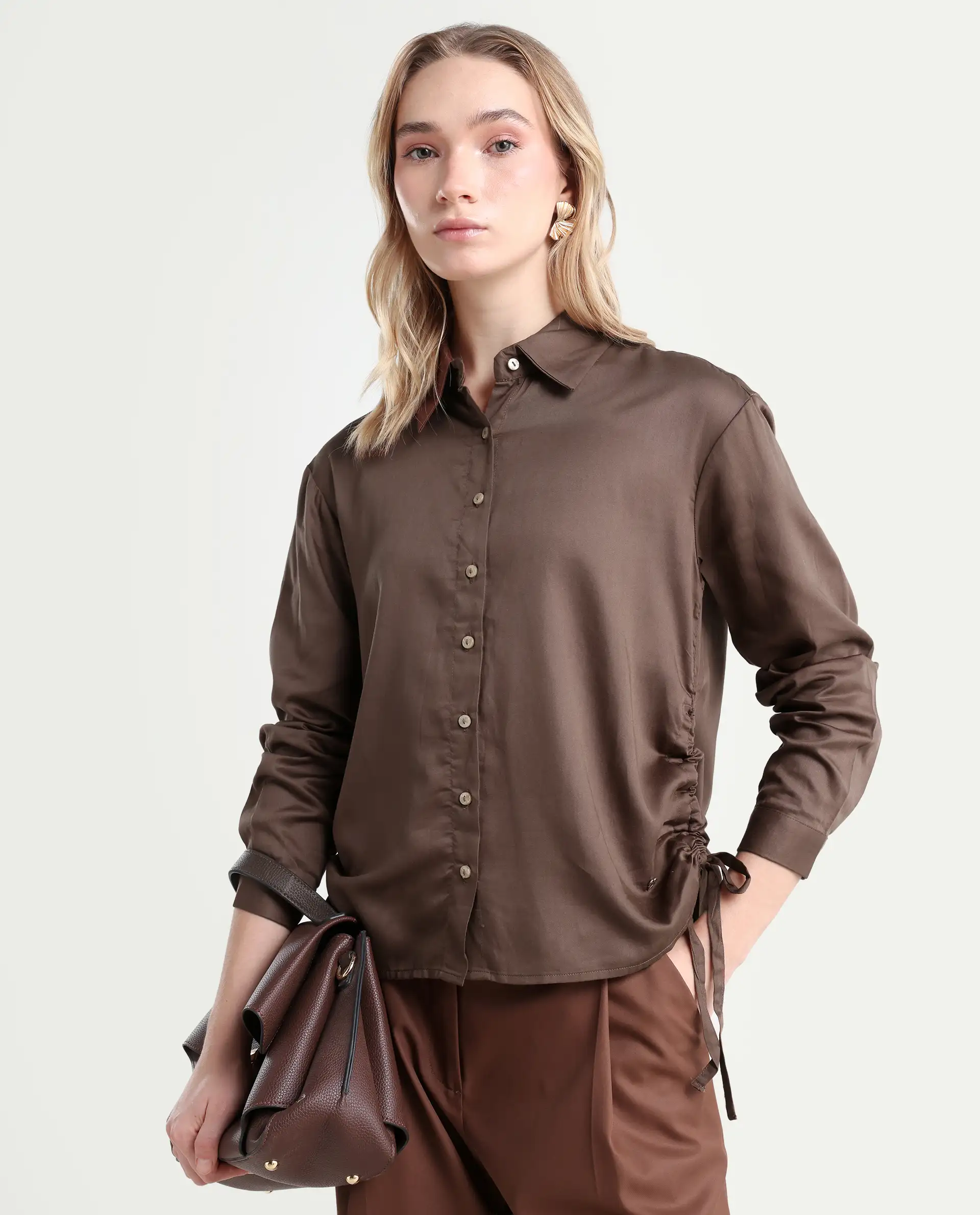 Rareism Women's Avocado Brown Cotton Spread Collar Plain Regular Fit Top