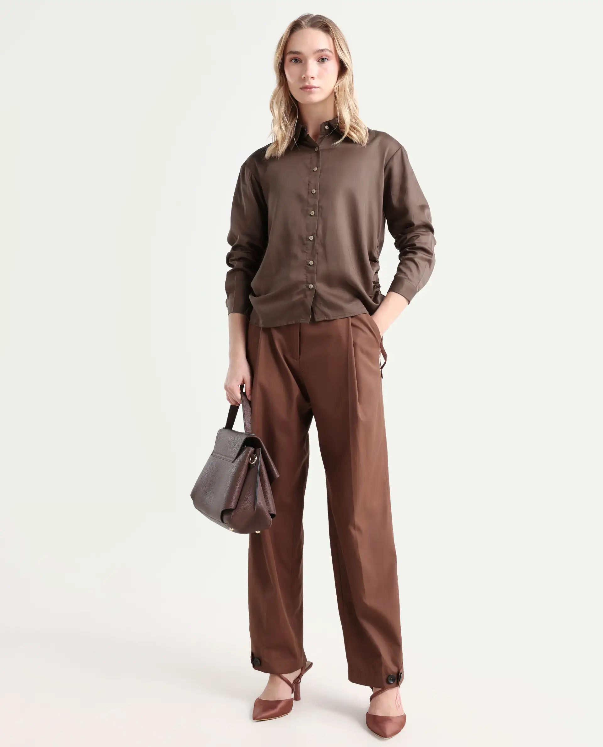 Rareism Women's Avocado Brown Cotton Spread Collar Plain Regular Fit Top - Image 2