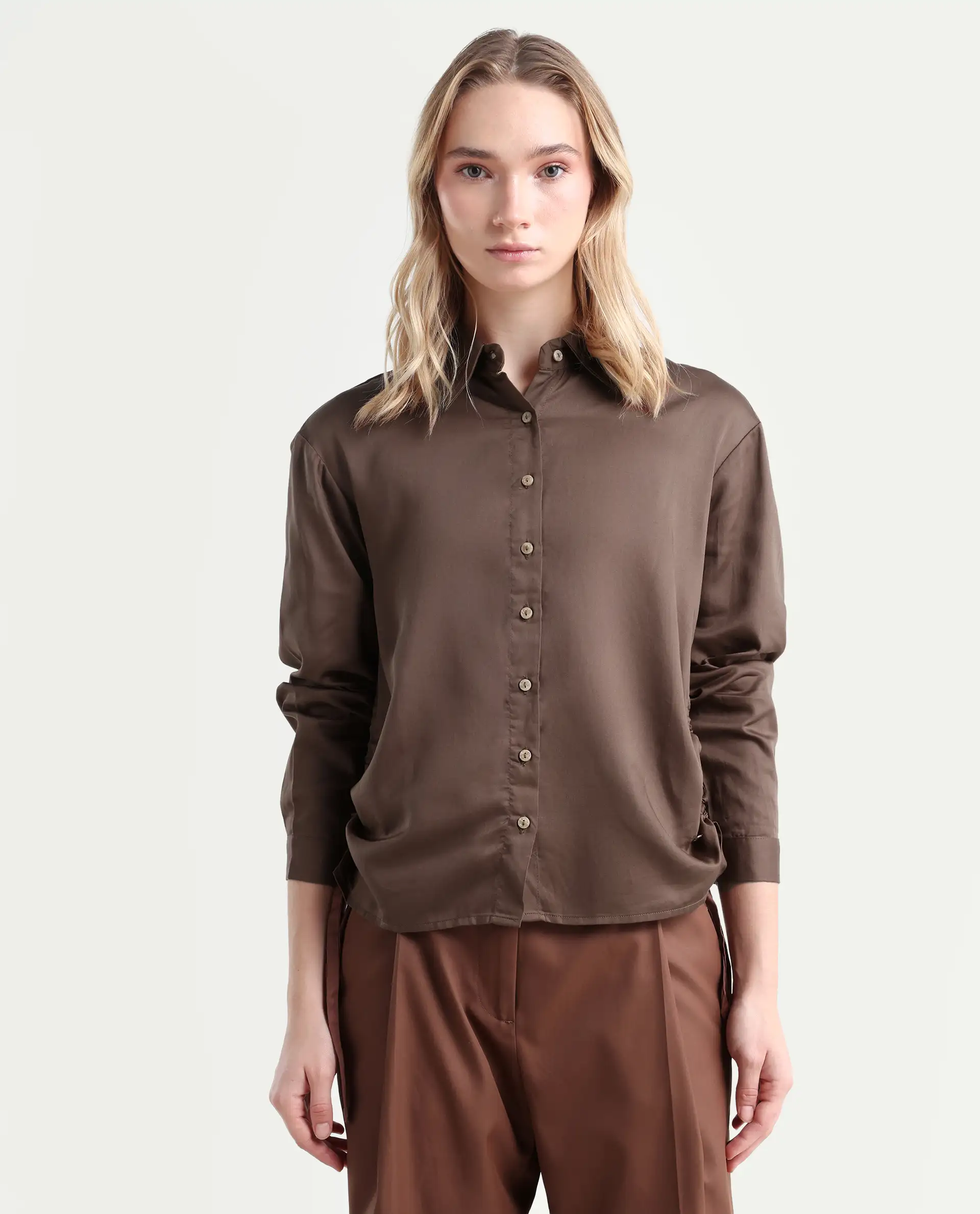 Rareism Women's Avocado Brown Cotton Spread Collar Plain Regular Fit Top - Image 3