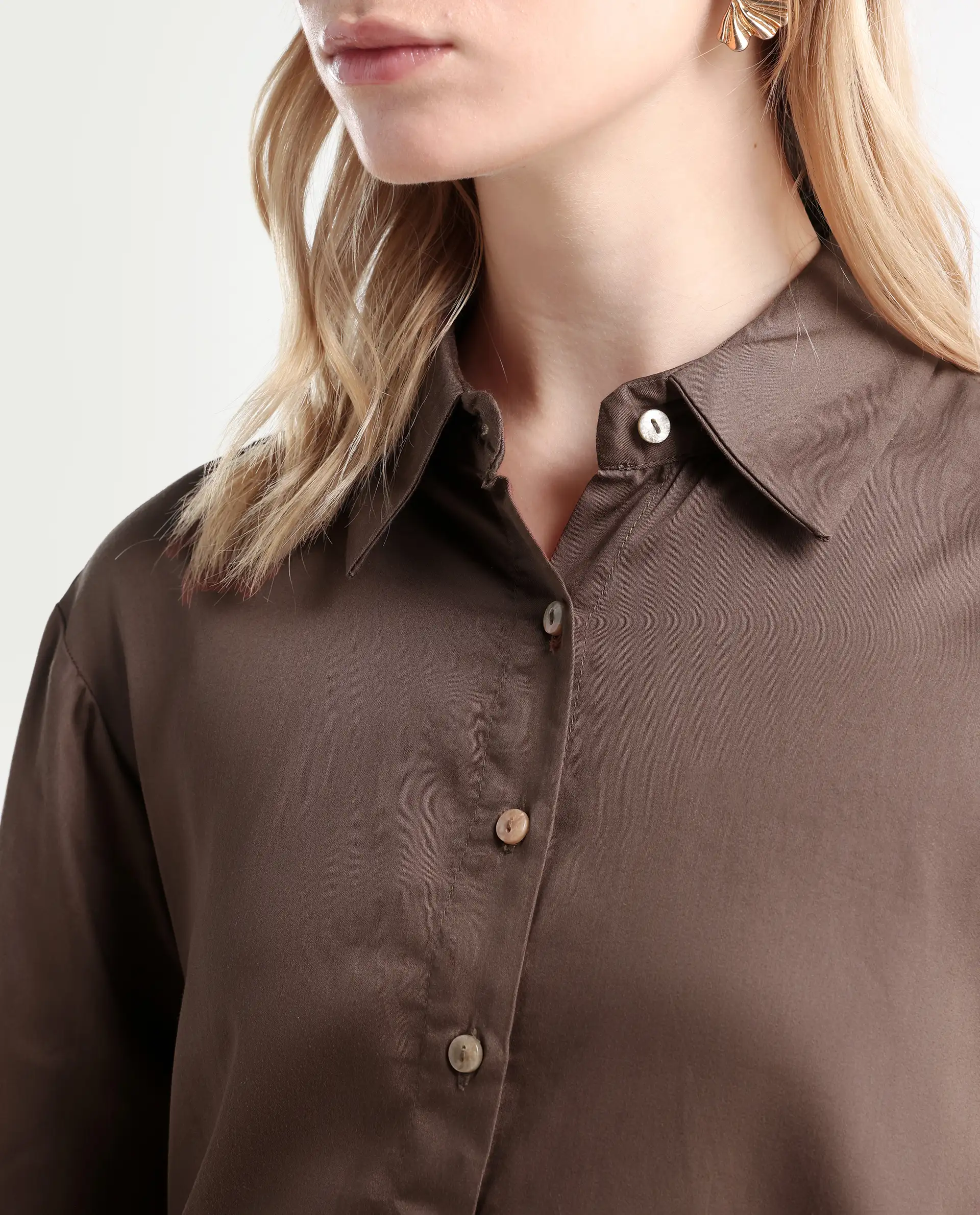 Rareism Women's Avocado Brown Cotton Spread Collar Plain Regular Fit Top - Image 4