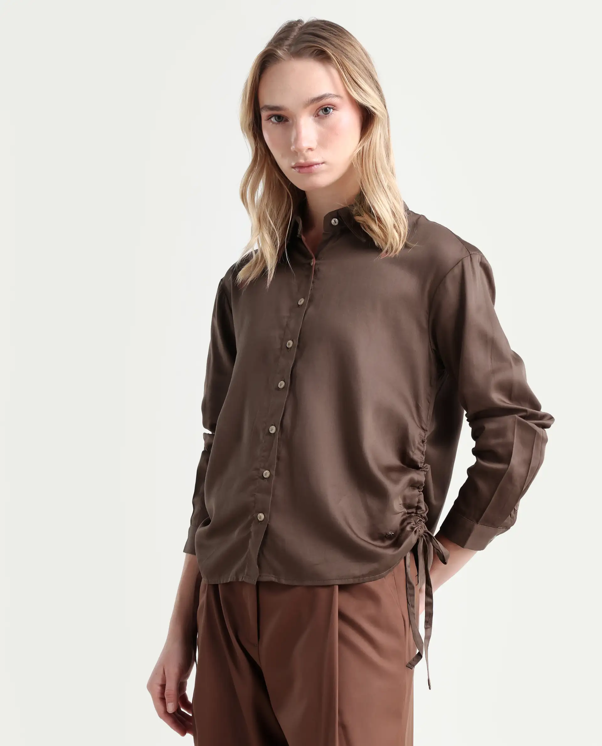 Rareism Women's Avocado Brown Cotton Spread Collar Plain Regular Fit Top - Image 6
