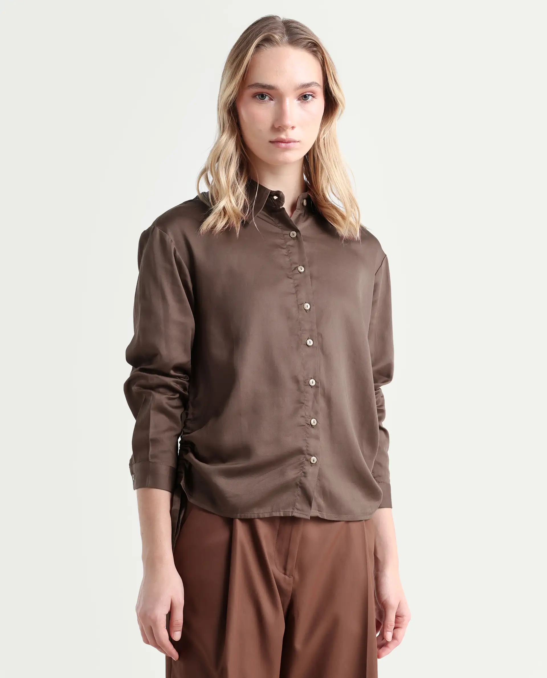 Rareism Women's Avocado Brown Cotton Spread Collar Plain Regular Fit Top - Image 7