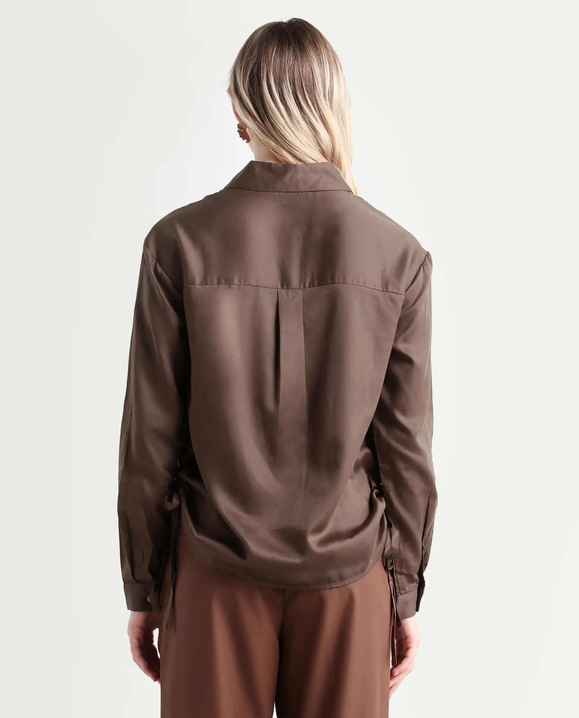 Rareism Women's Avocado Brown Cotton Spread Collar Plain Regular Fit Top - Image 8