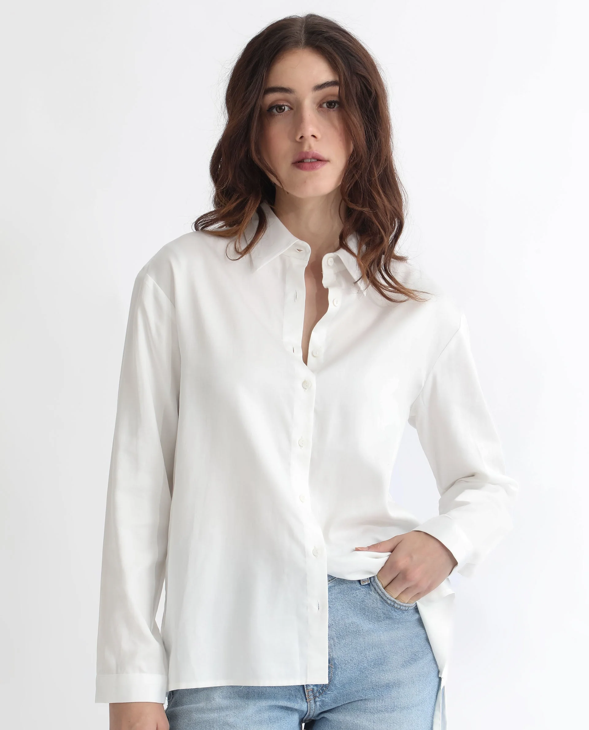 Rareism Women's Avocado Off White Cotton Spread Collar Plain Regular Fit Top