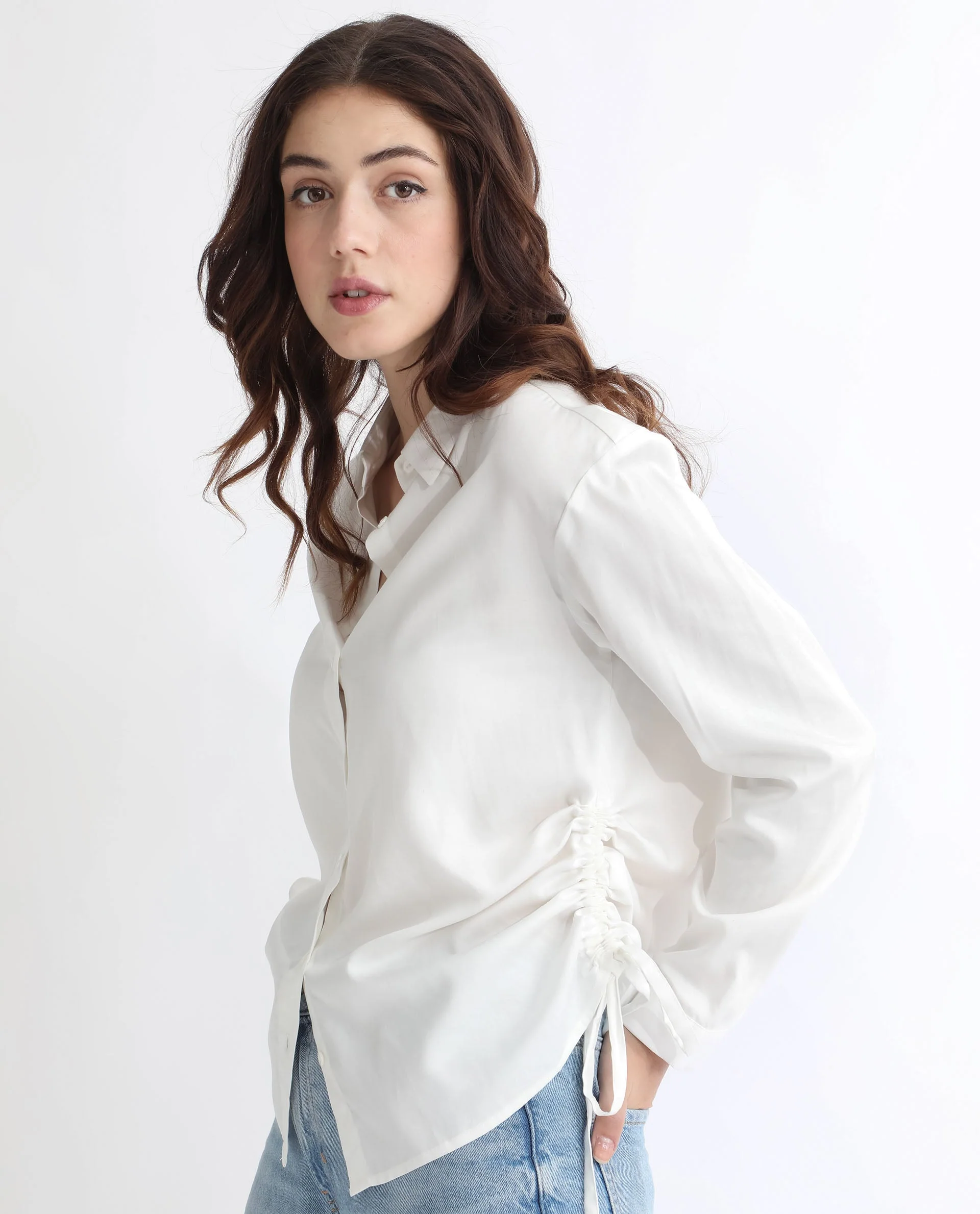 Rareism Women's Avocado Off White Cotton Spread Collar Plain Regular Fit Top - Image 2