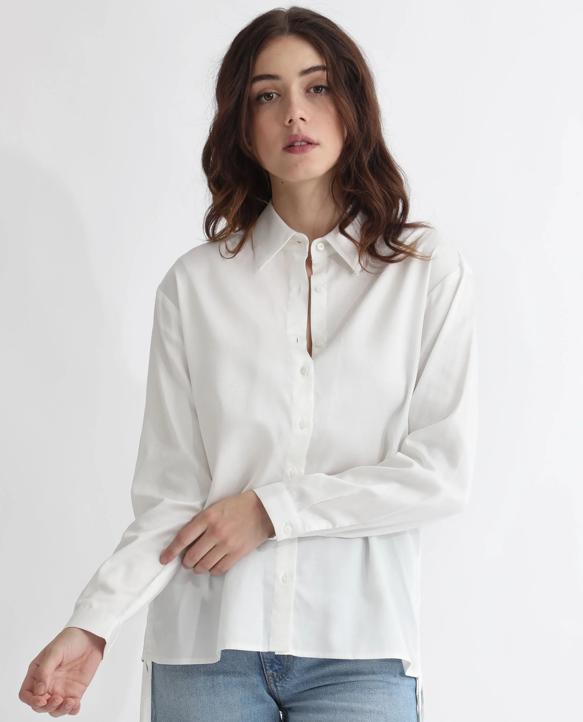 Rareism Women's Avocado Off White Cotton Spread Collar Plain Regular Fit Top - Image 3