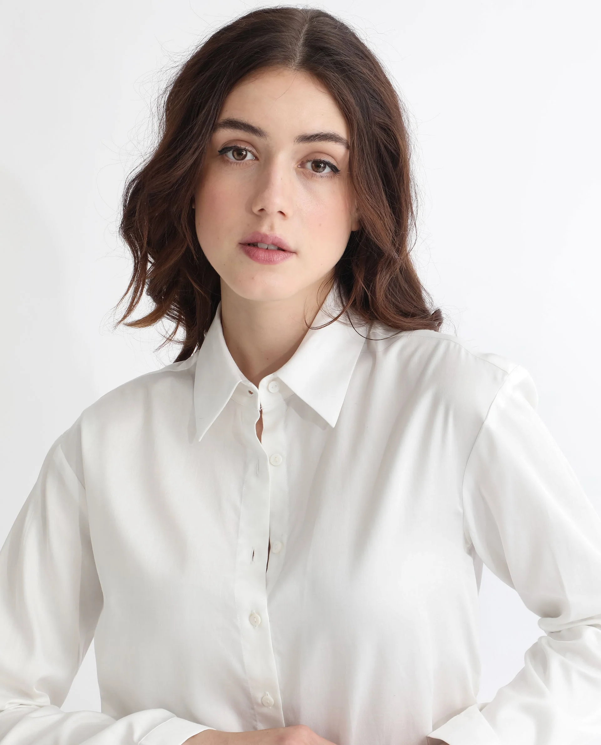 Rareism Women's Avocado Off White Cotton Spread Collar Plain Regular Fit Top - Image 5