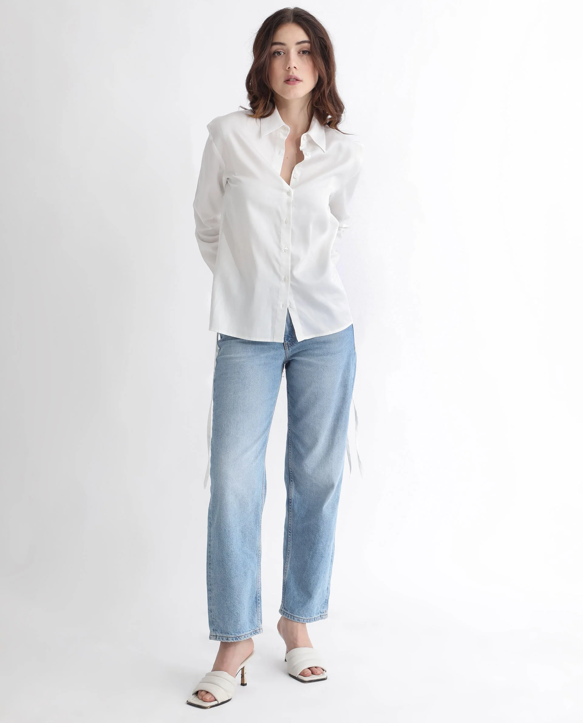 Rareism Women's Avocado Off White Cotton Spread Collar Plain Regular Fit Top - Image 6